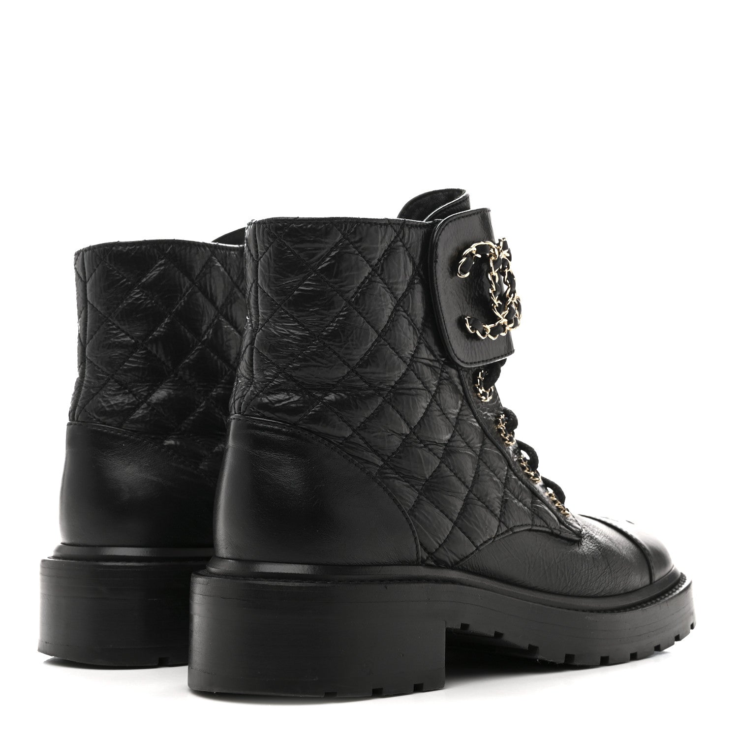 Shiny Goatskin Calfskin Quilted Lace Up Combat Boots 37 Black