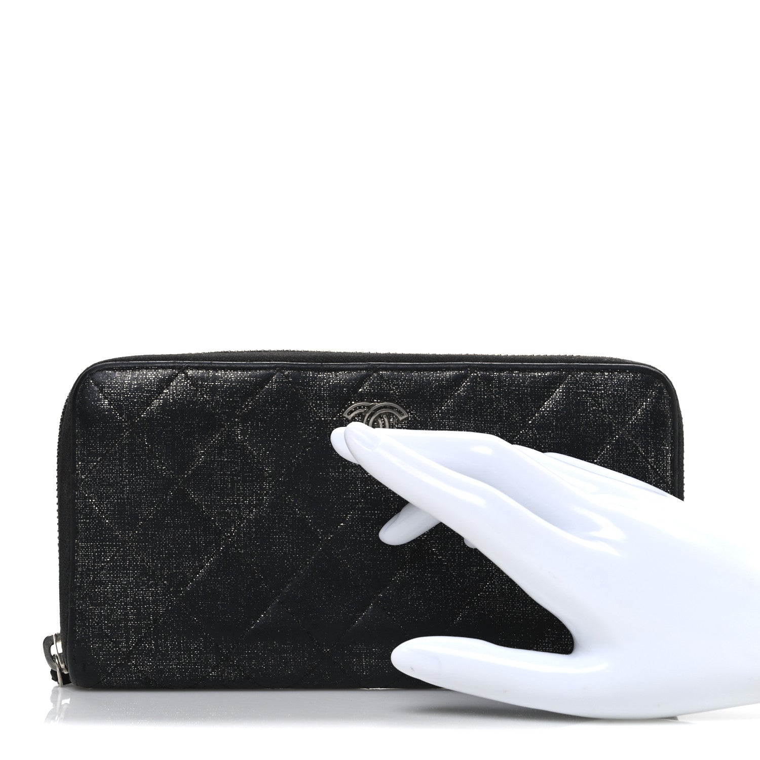 Iridescent Calfskin Quilted Zip Around Wallet Grey