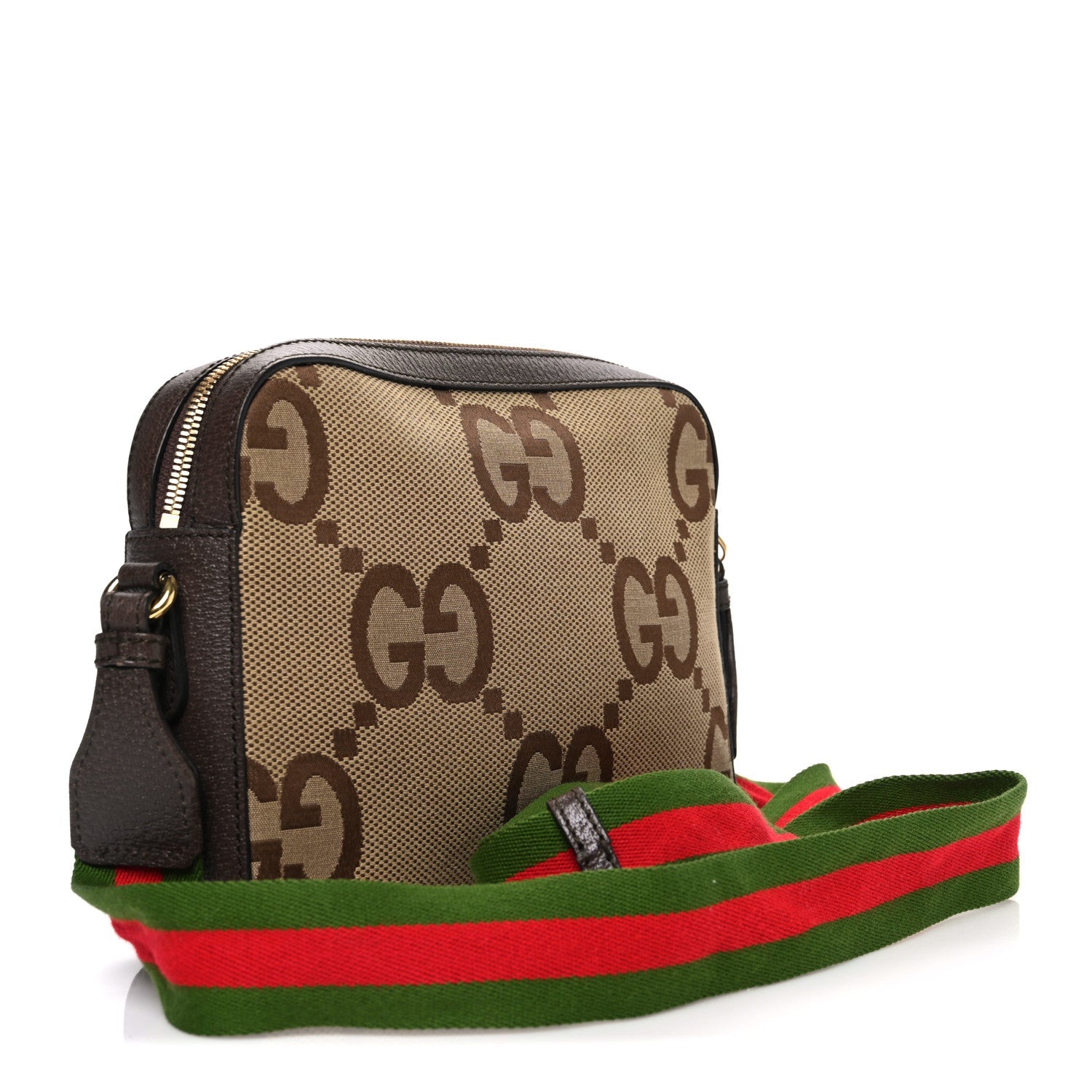 Monogram Jumbo GG Textured Dollar Calfskin Web Messenger Shoulder Bag Camel Ebony New Acero
