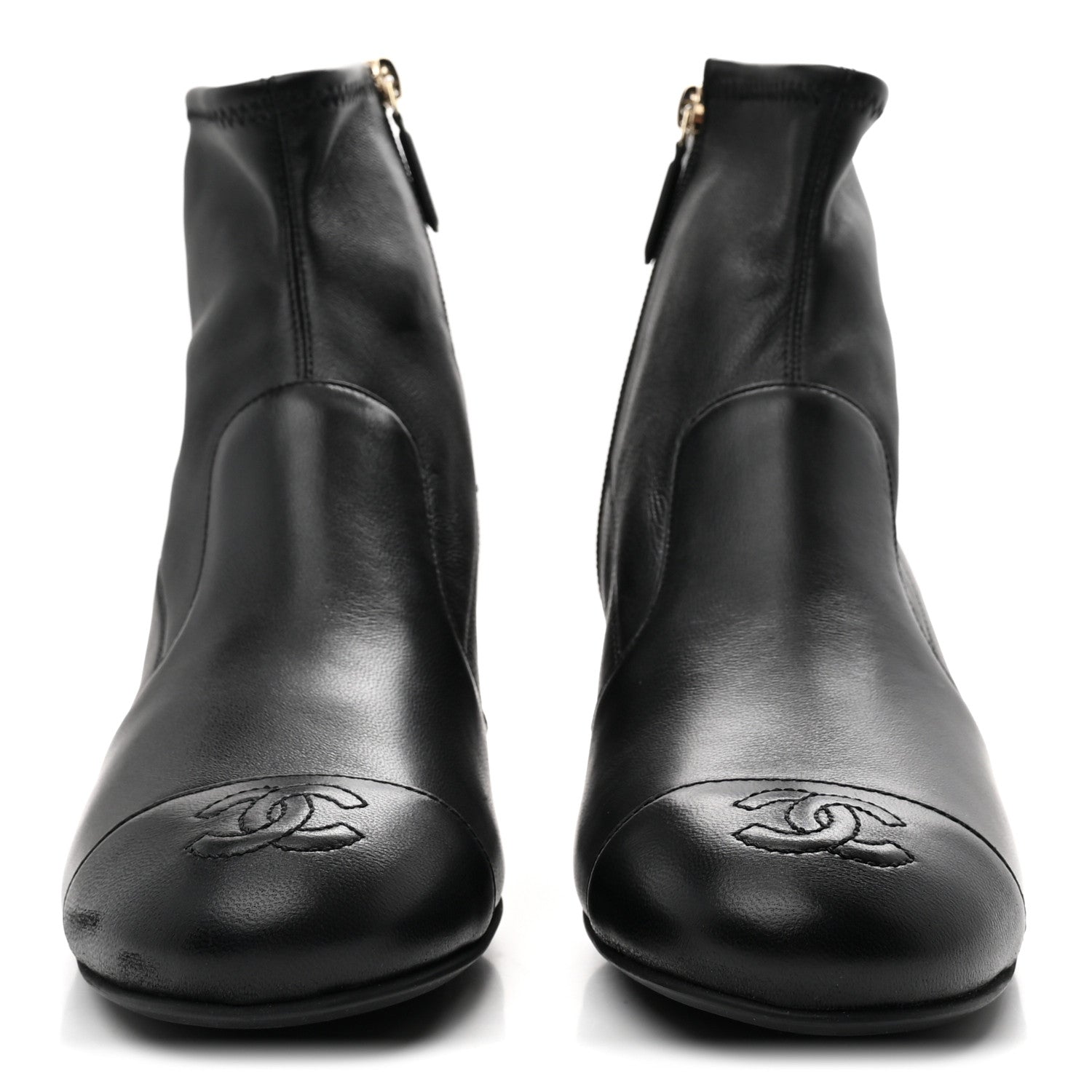 Stretch Lambskin Cap Toe CC Short Boots 37.5 Black