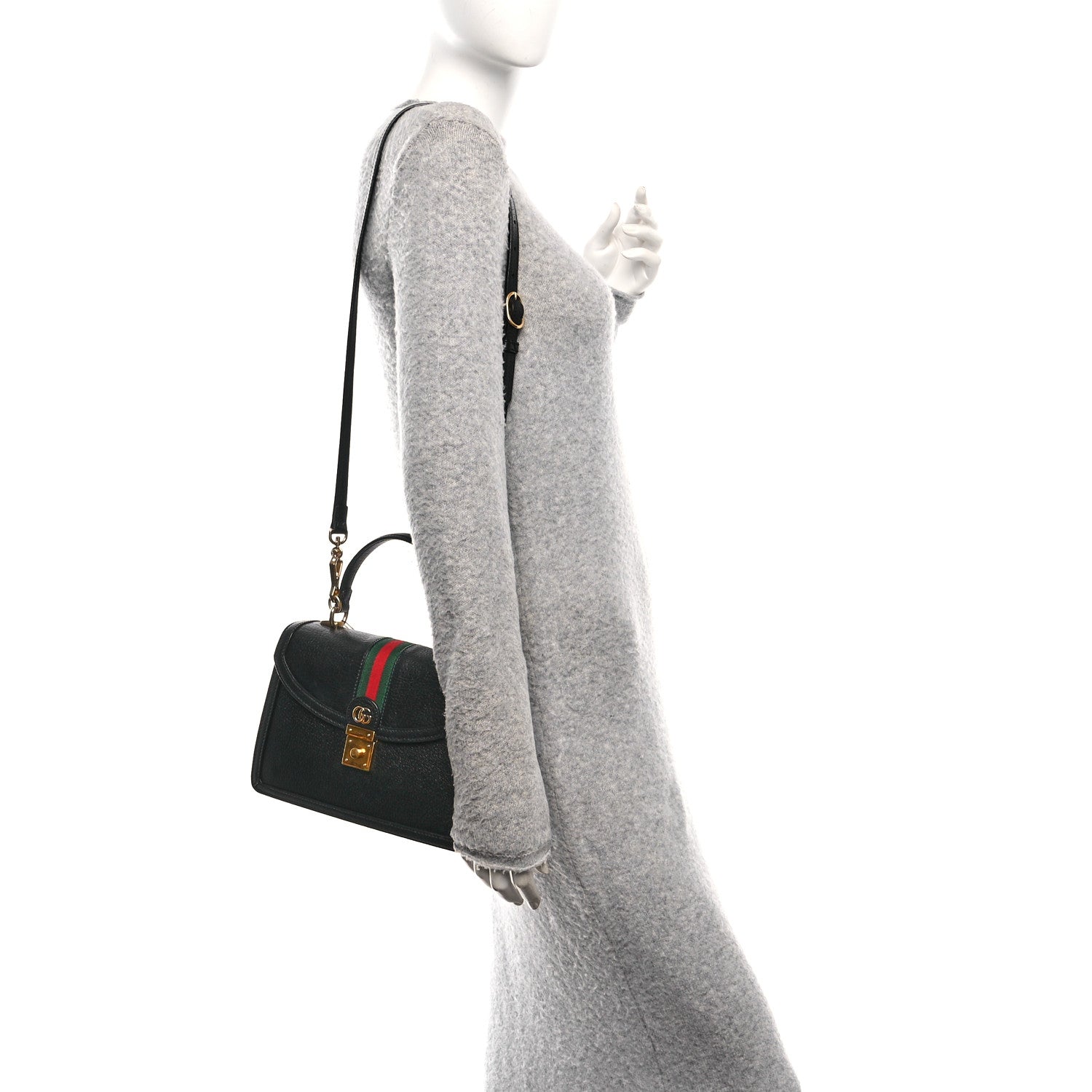 Textured Dollar Calfskin Web Small Ophidia Padlock Top Handle Bag Black