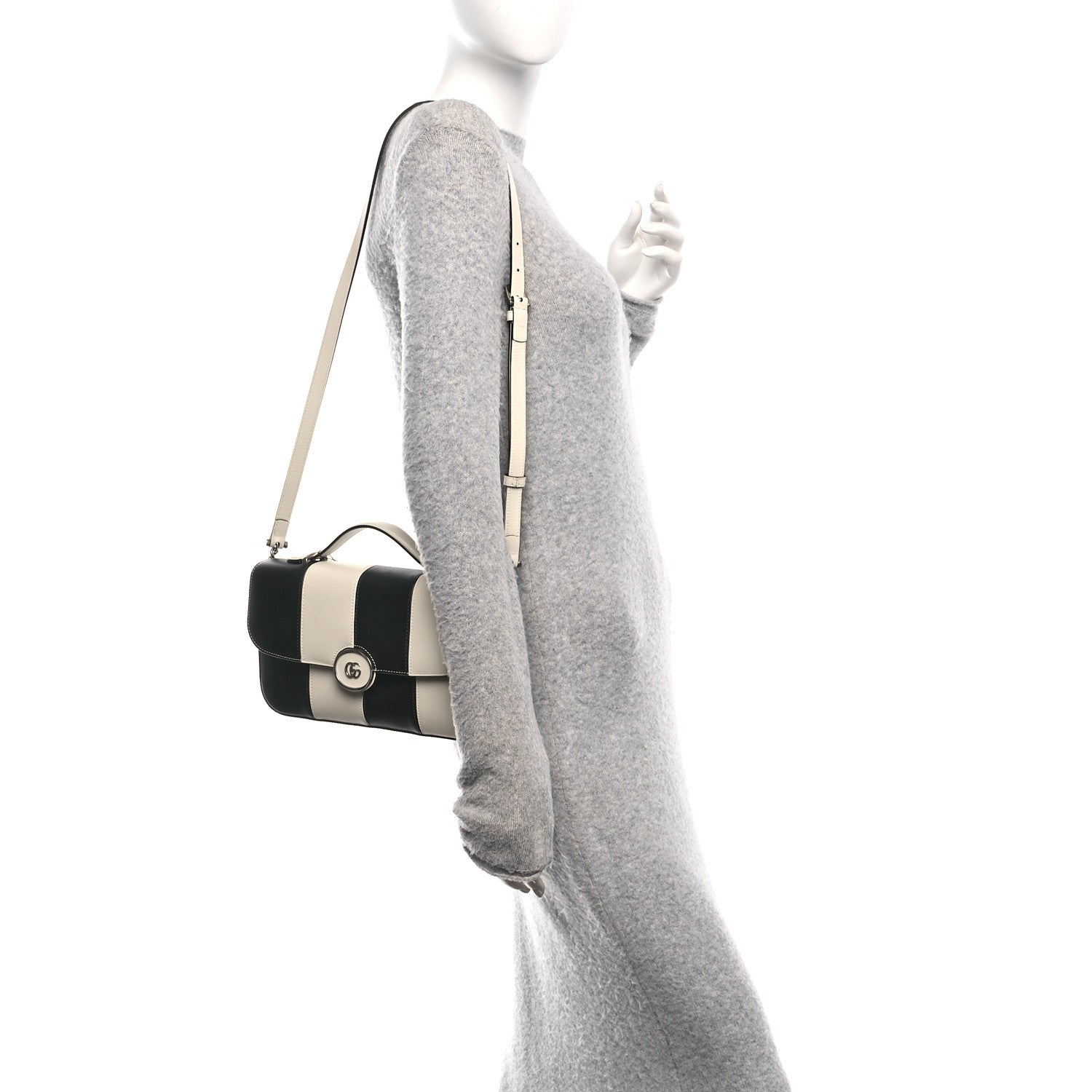Senna Calfskin Lines Petite GG Top Handle Shoulder Bag Black Mystic White
