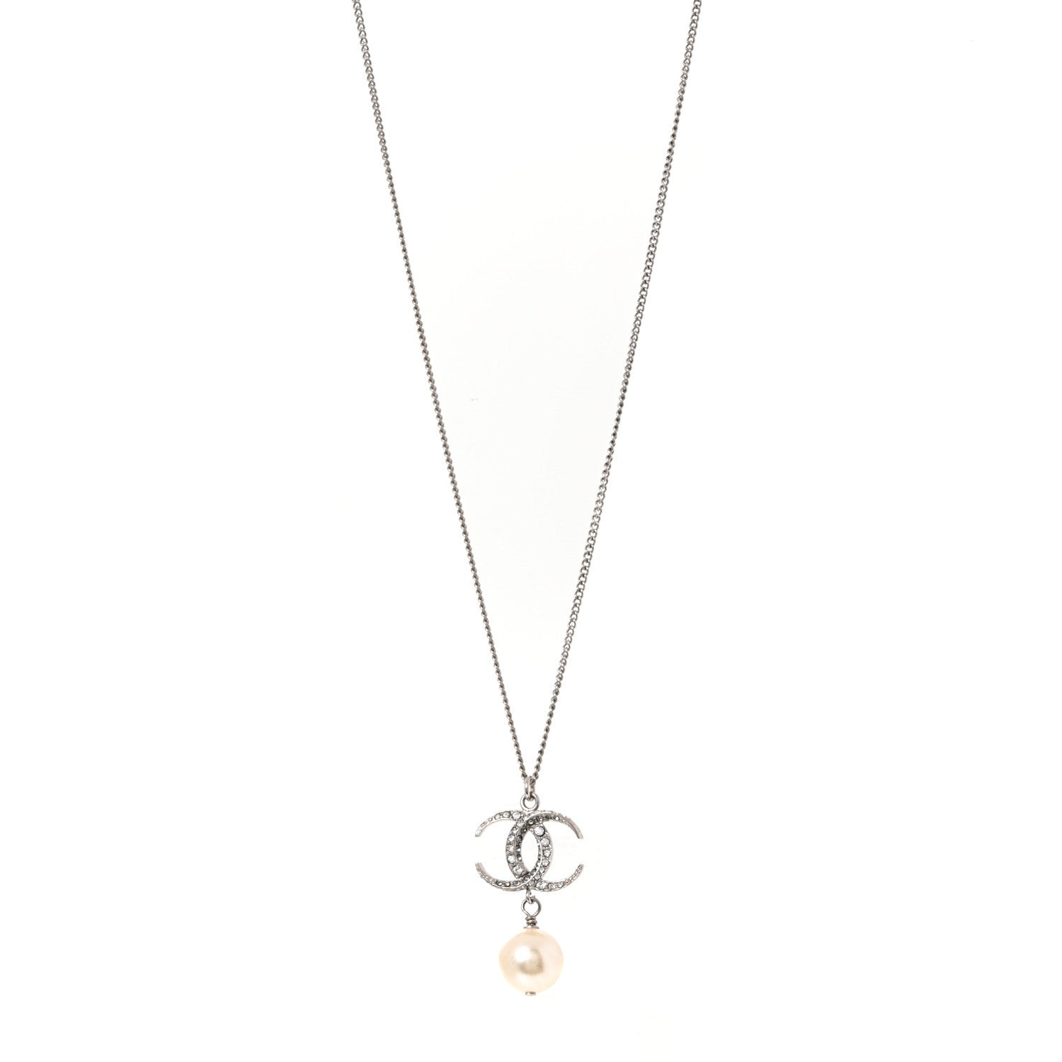 Crystal CC Pearl Drop Necklace Silver