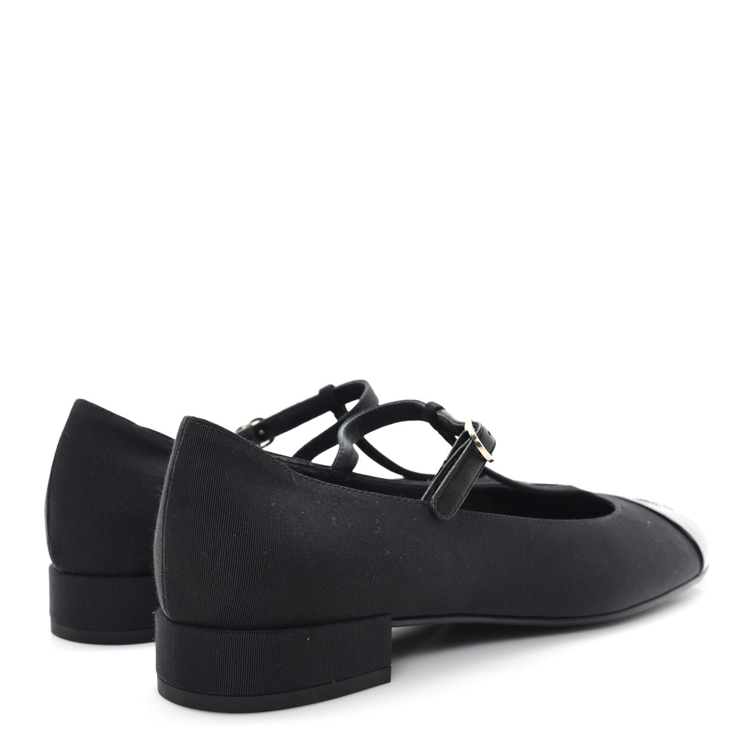 Grosgrain Patent Calfskin Cap Toe T Strap CC Flats 38 Black