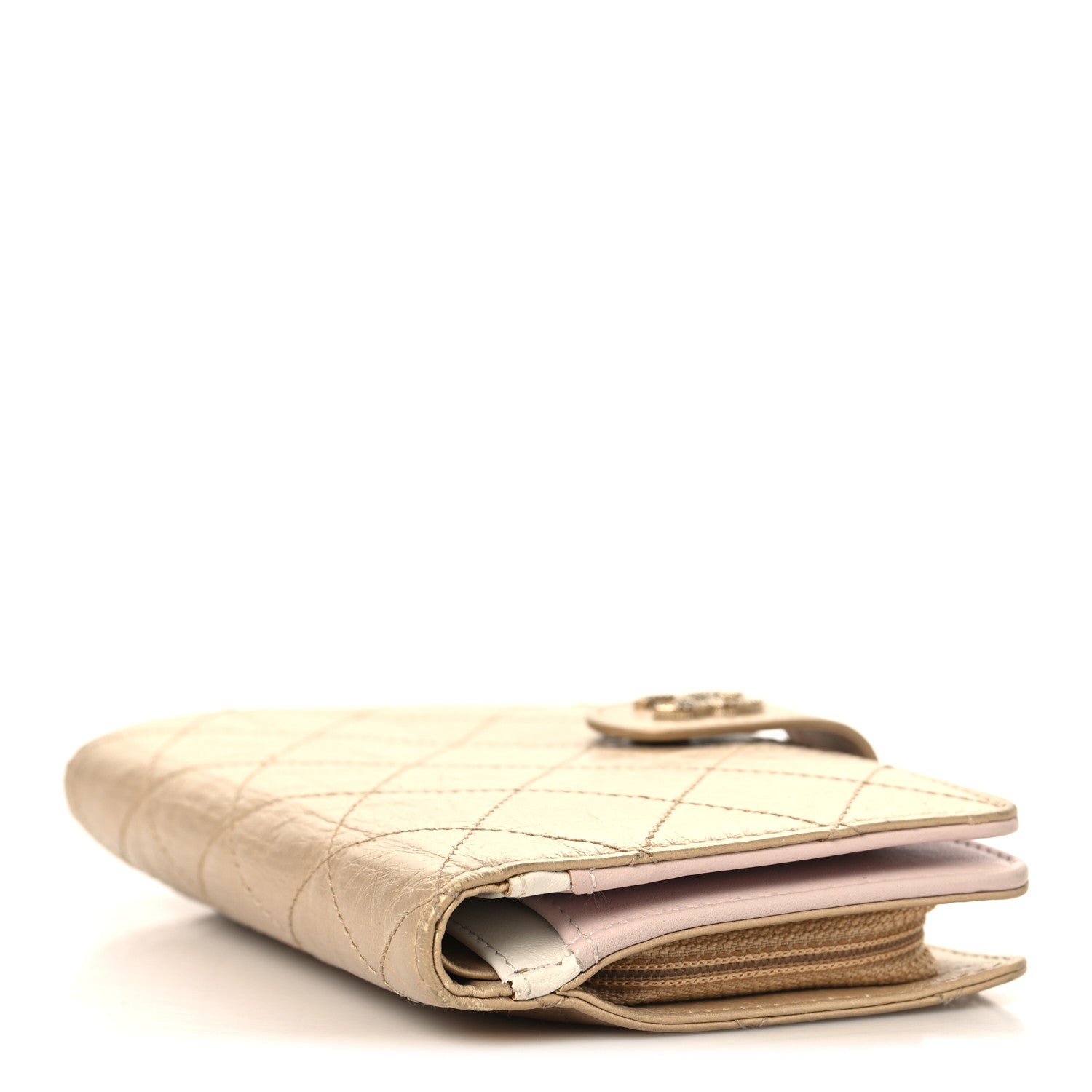 Metallic Calfskin Quilted Brilliant Zipped Pocket Wallet Gold