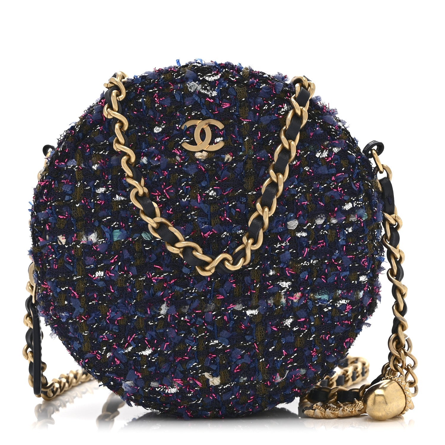 Tweed Quilted Round Clutch With Chain Multicolor