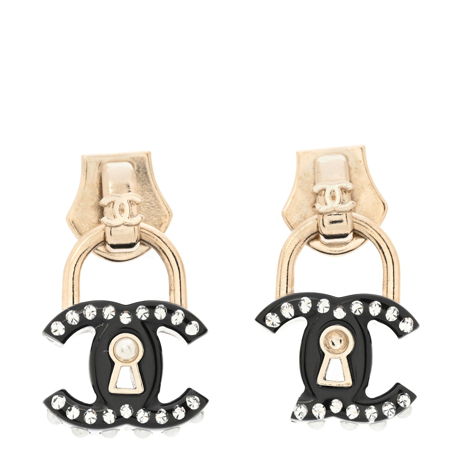 Metal Resin Crystal Pearl CC Lock Drop Earrings Gold Black