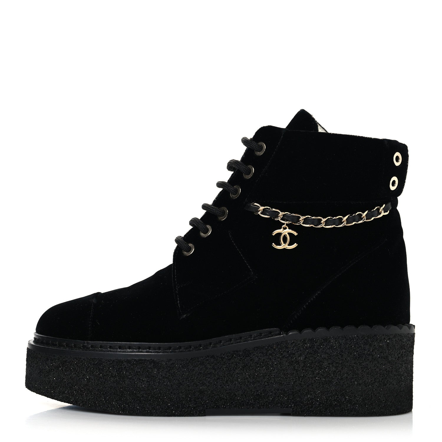 Velvet Chain Lace Up CC Short Boots 37 Black