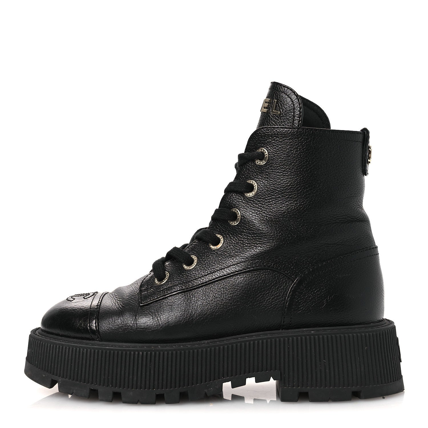 Grained Calfskin Shiny Calfskin CC Lace Up Combat Boots 37.5 Black