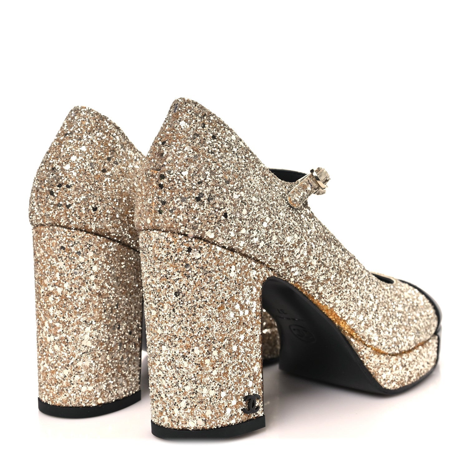 Glitter Lambskin Cap Toe CC Mary Jane Pumps 37 Light Gold Black