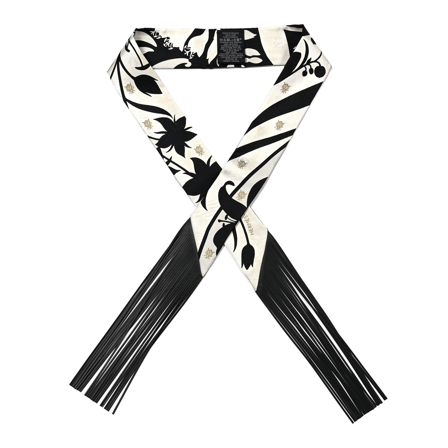 Silk Calfskin Bouquet Final Fringed Twilly Creme Black