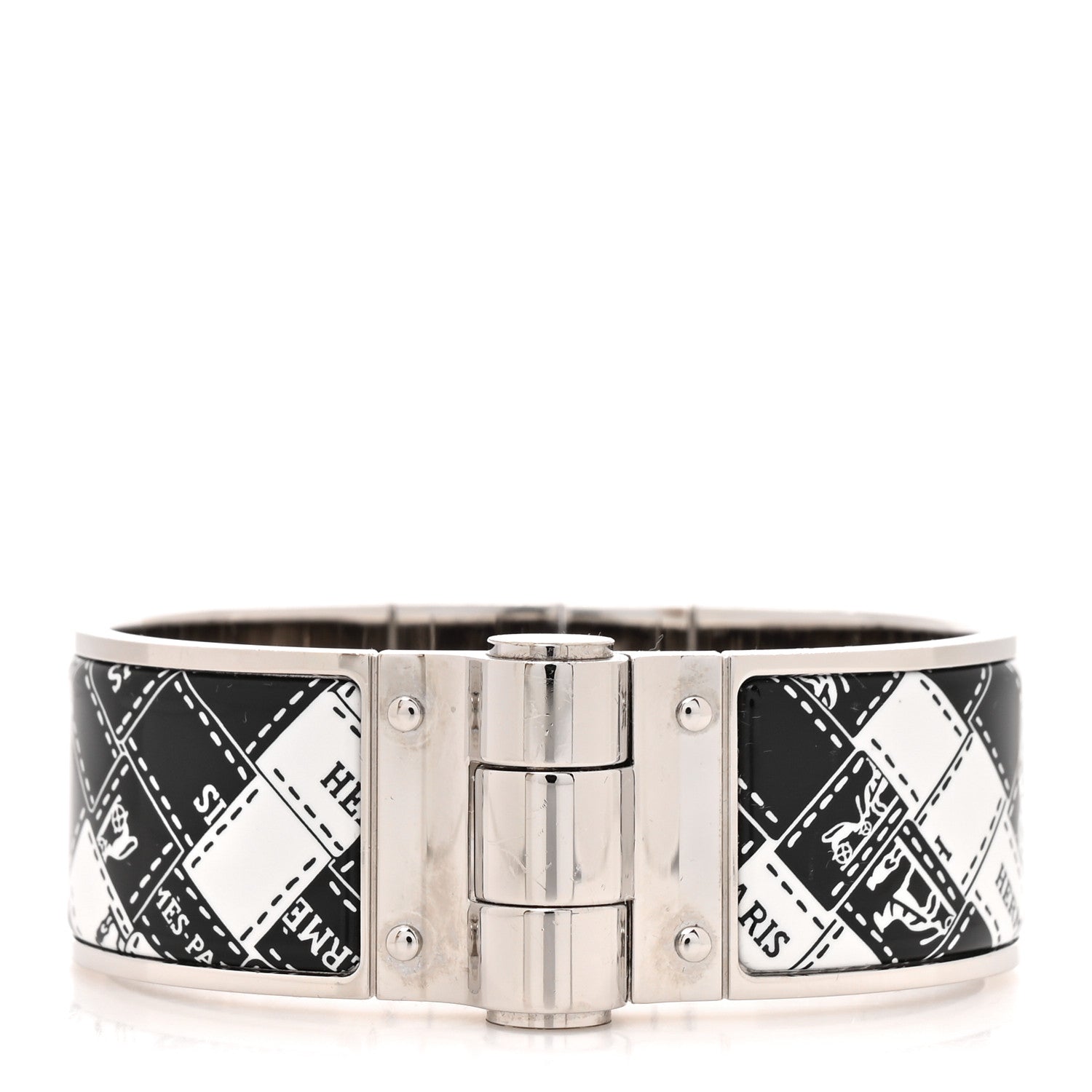 Enamel Printed Wide Bolduc Au Carre Hinged Bracelet Black White