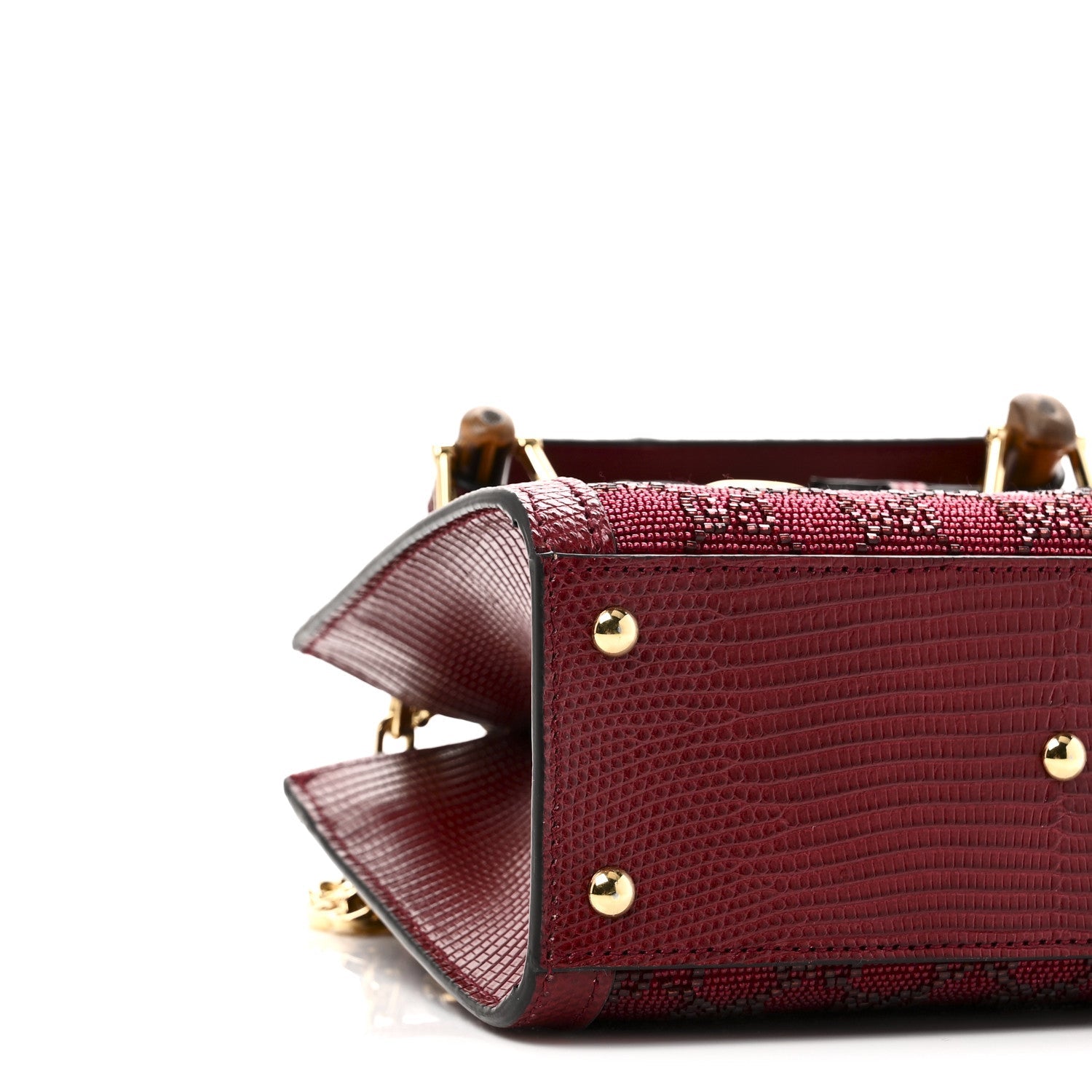 Moire Fabric Calfskin Rhinestone Monogram Monochrome Lizard Embossed Mini Diana Tote Bag Red