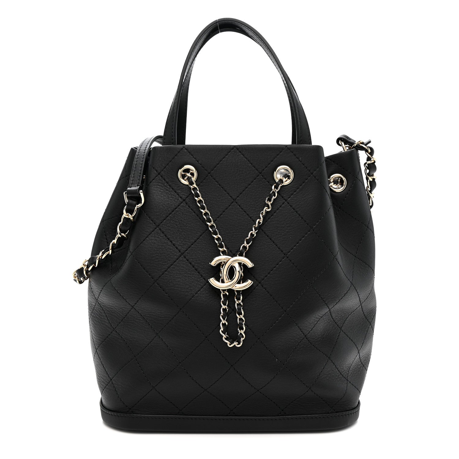 Calfskin Stitched Chain Top Handle Bucket Bag Black