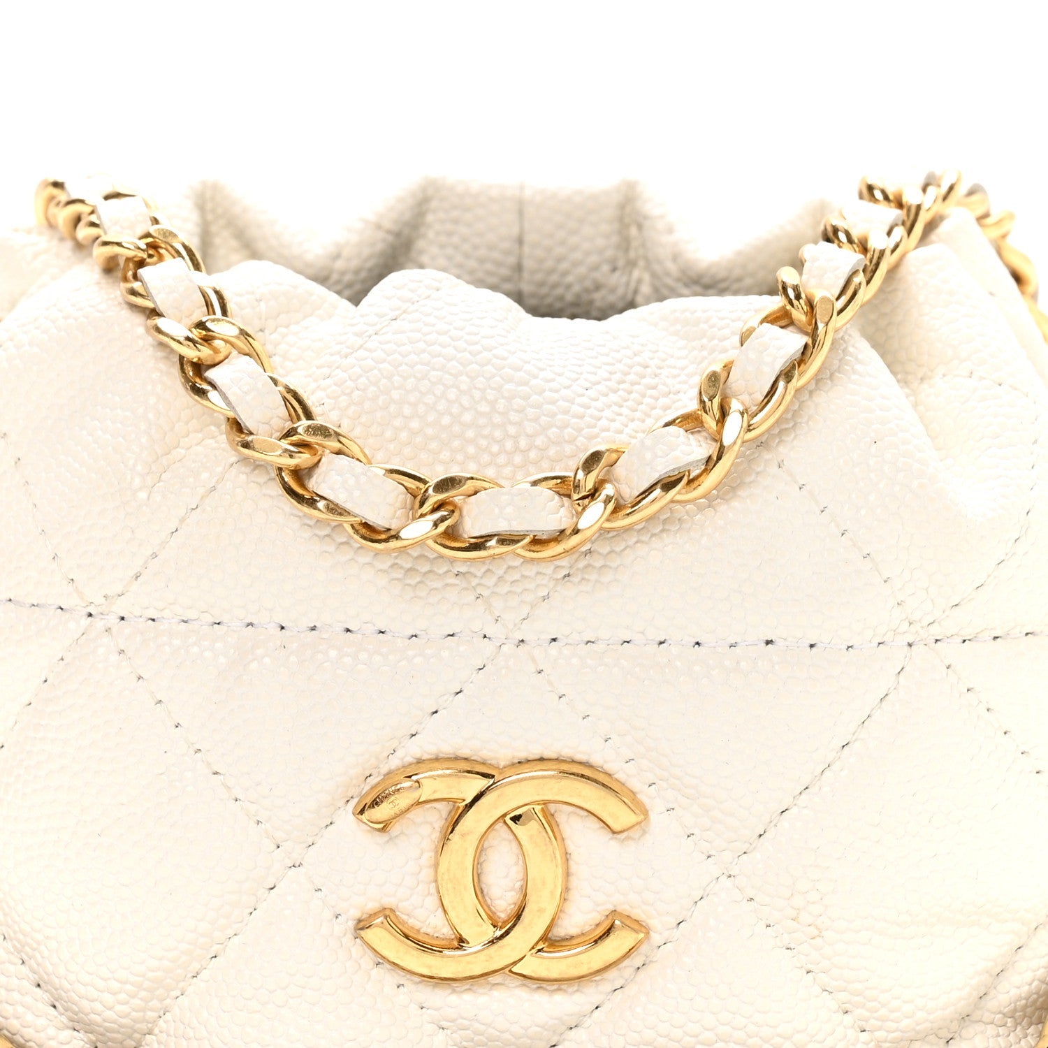 Caviar Quilted Coco First Bucket Clutch With Chain White