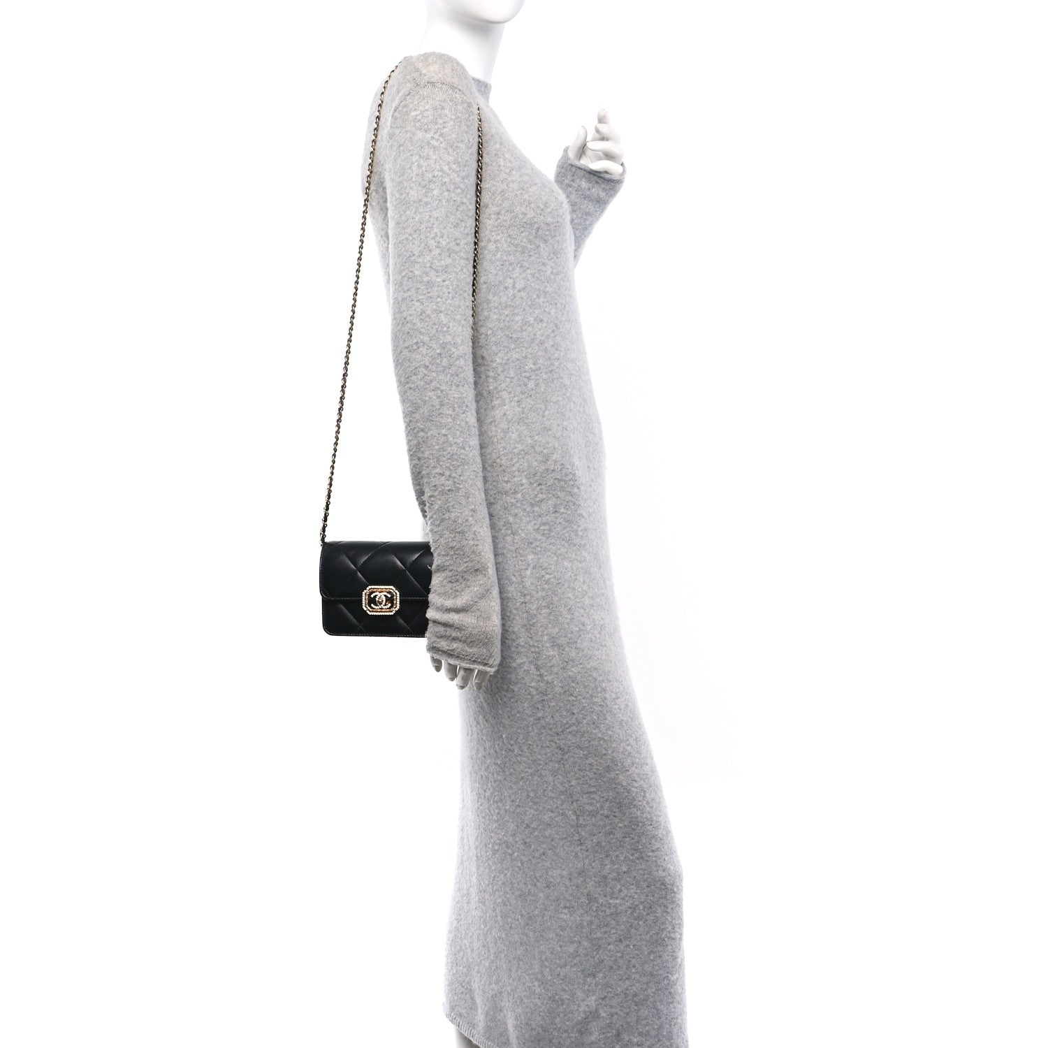 Calfskin Strass Quilted Clutch With Chain Flap Black