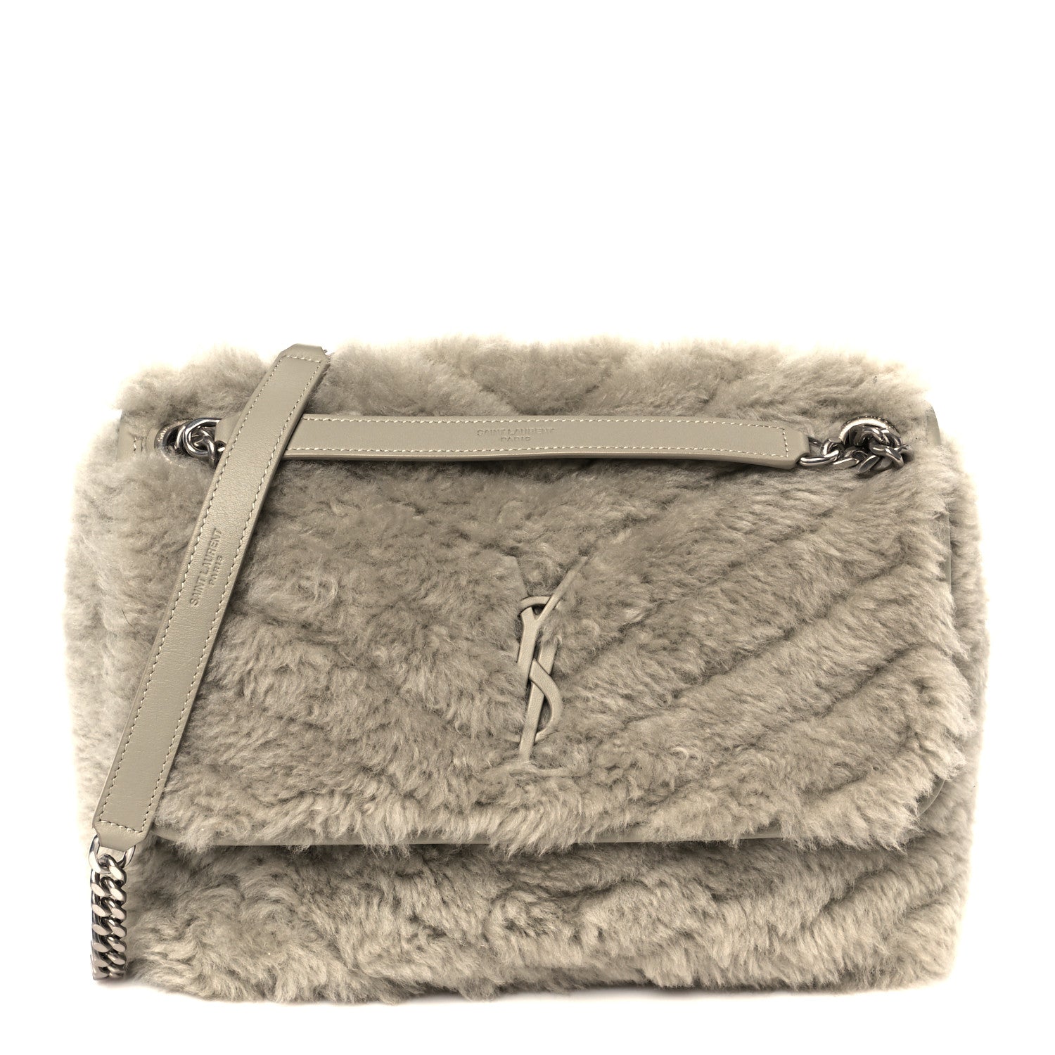 Calfskin Shearling Monogram Medium Niki Chain Satchel Grey