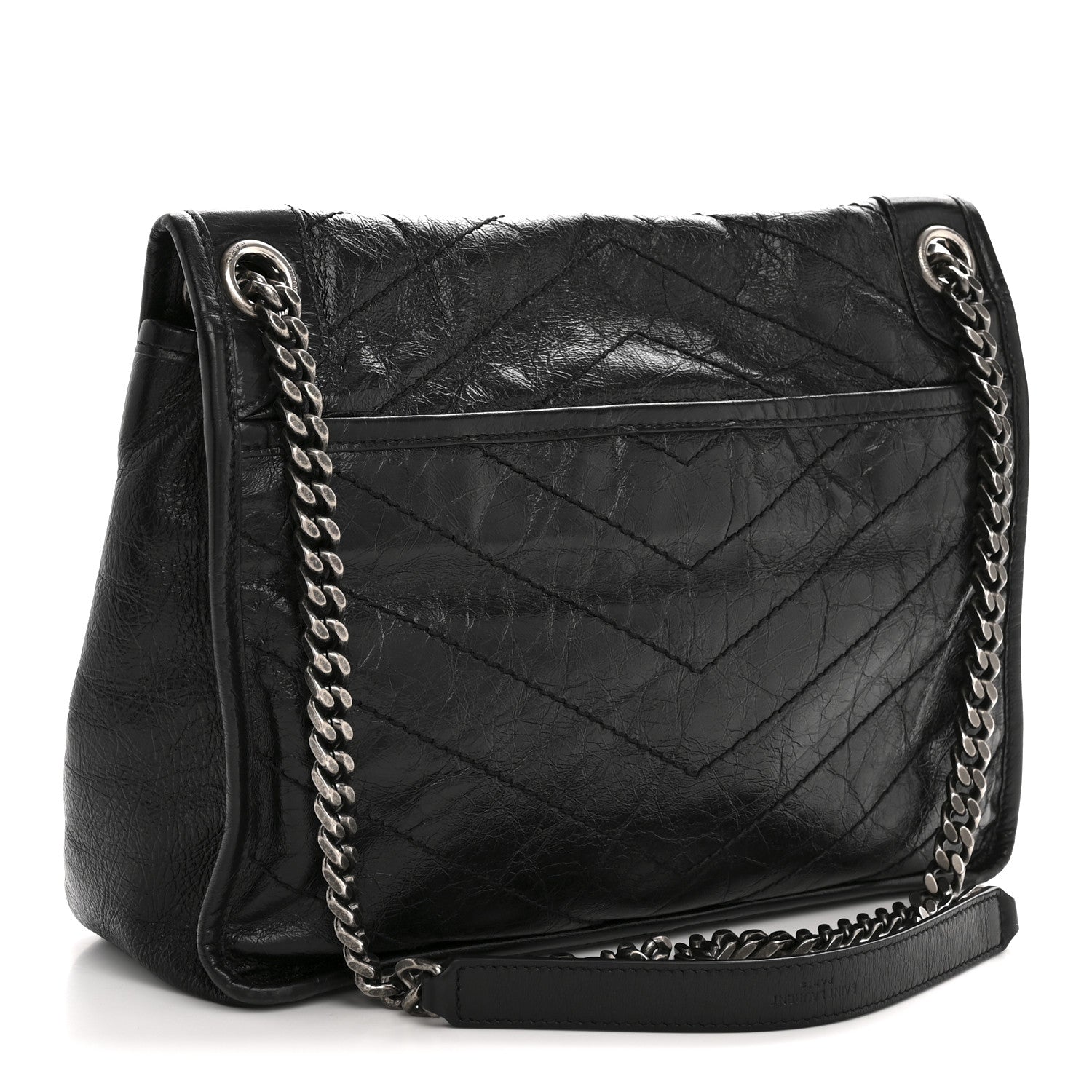 Crinkled Calfskin Matelasse Monogram Medium Niki Chain Satchel Black