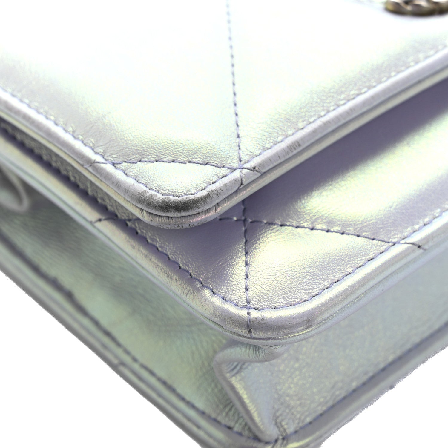 Iridescent Calfskin Quilted Chanel 19 Wallet On Chain WOC Light Purple
