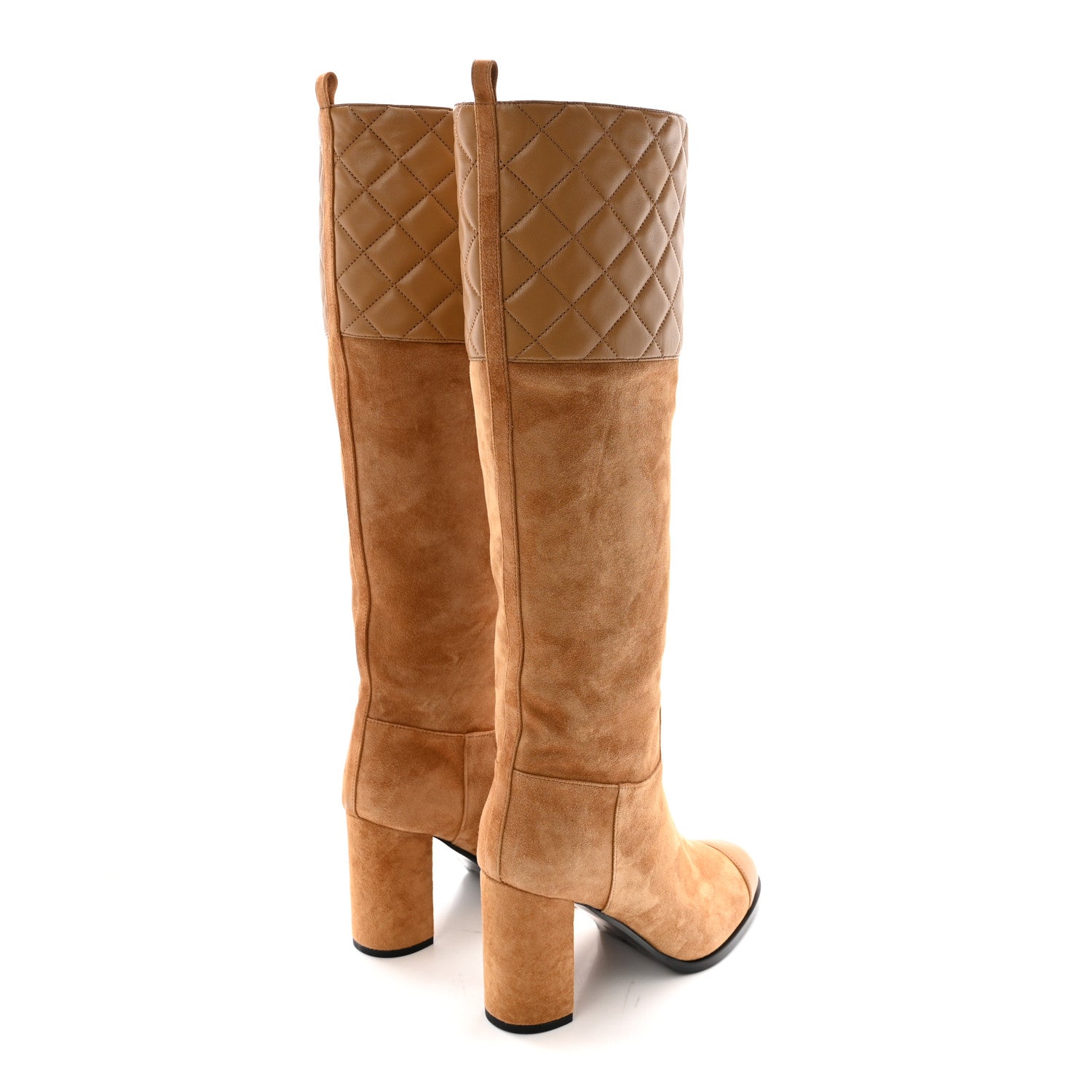 Suede Calfskin Lambskin Quilted Knee High Heel Boots 38 Beige
