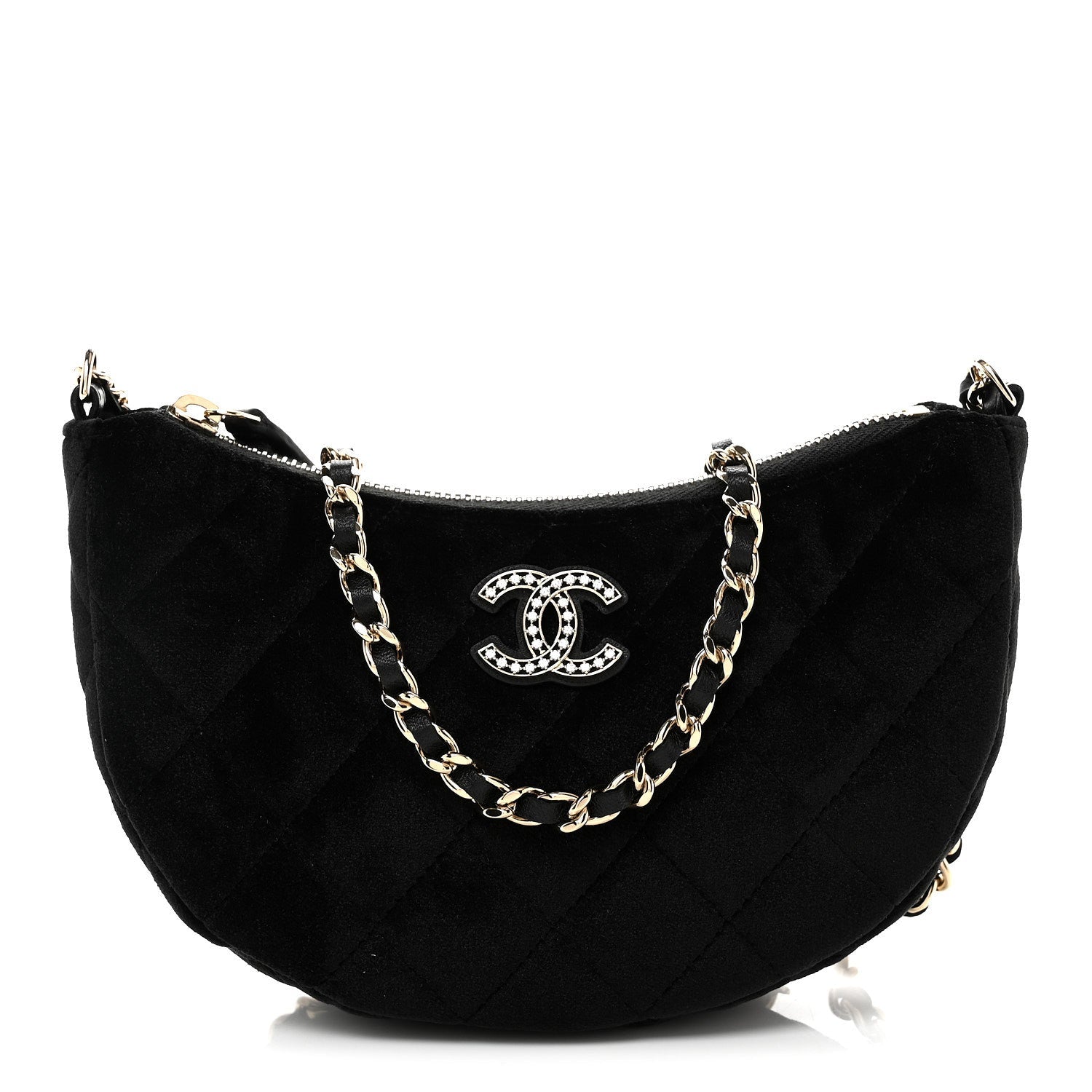 Velvet Crystal Quilted Chain Hobo Black