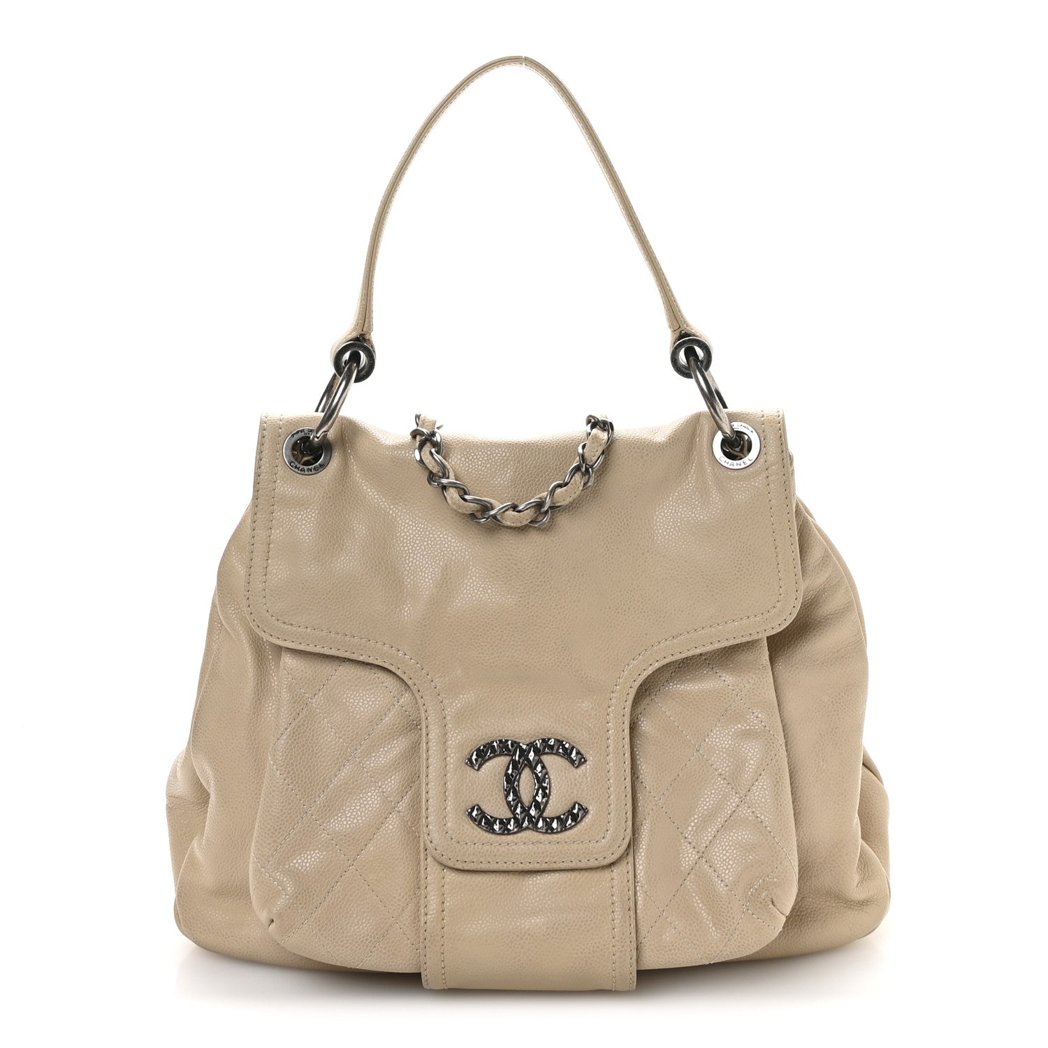 Glazed Caviar Coco Rider Flap Hobo Beige