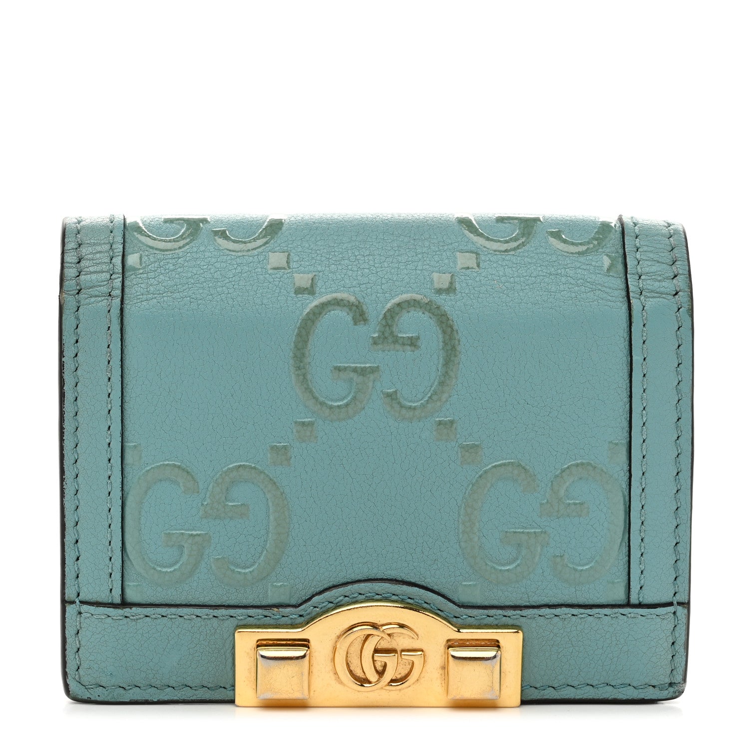 Wonka Grain Calfskin GG Monogram Embossed Card Case Wallet Dusty Azure