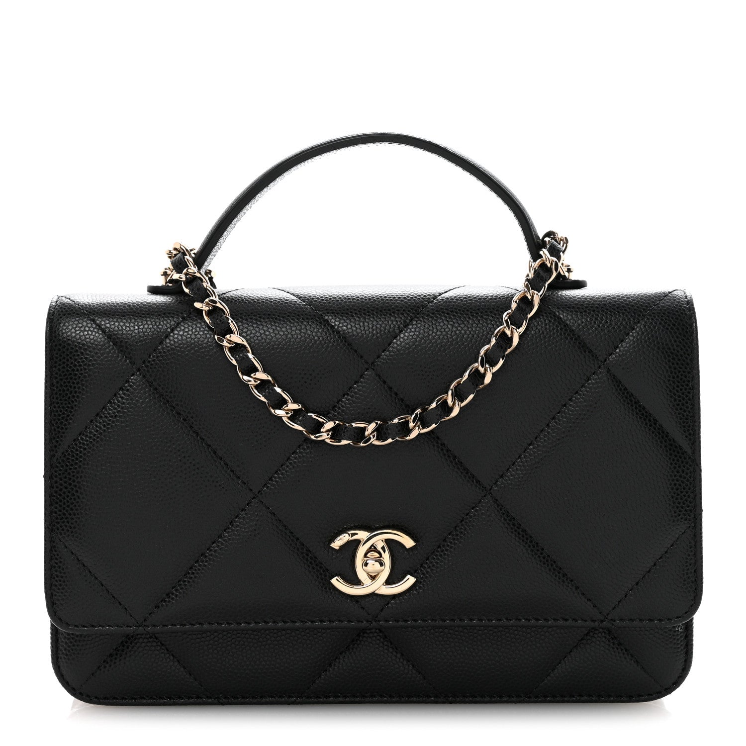 Shiny Caviar Quilted Turnlock Top Handle Wallet On Chain WOC Black