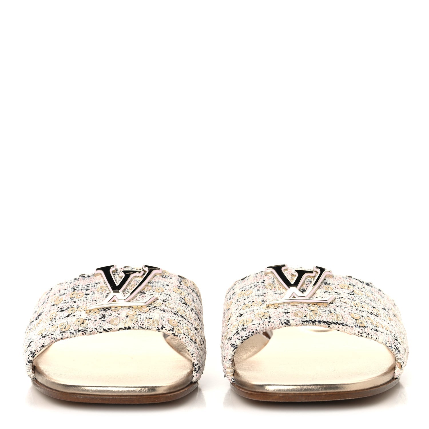 Tweed Sequin LV Mare Flat Mule Sandals 39 Light Gold