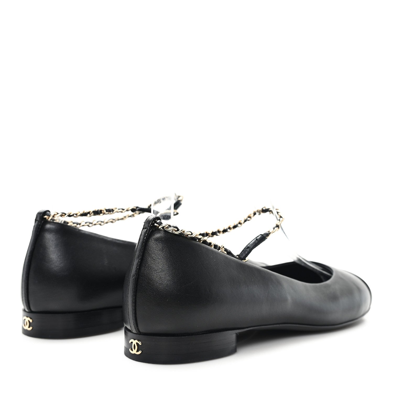 Lambskin Cap Toe CC Ankle Chain Ballerina Flats 36.5 Black
