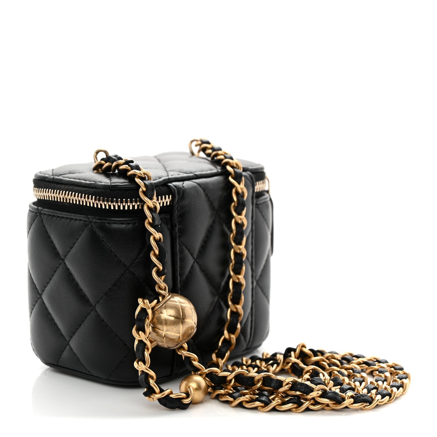 Lambskin Quilted Mini Pearl Crush Vanity Case With Chain Black
