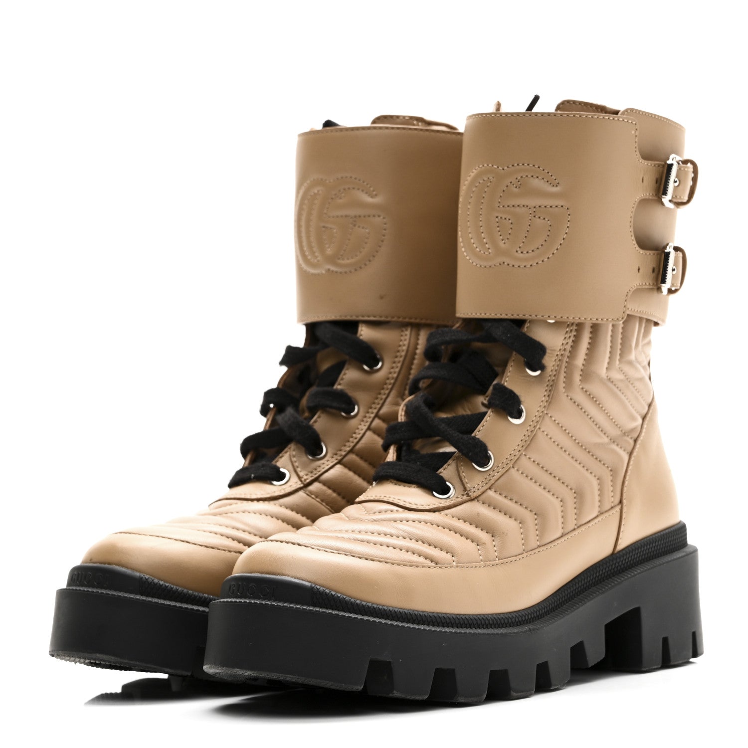 Nappa Frances GG Matelasse Platform Combat Boots 35 Natural Tan