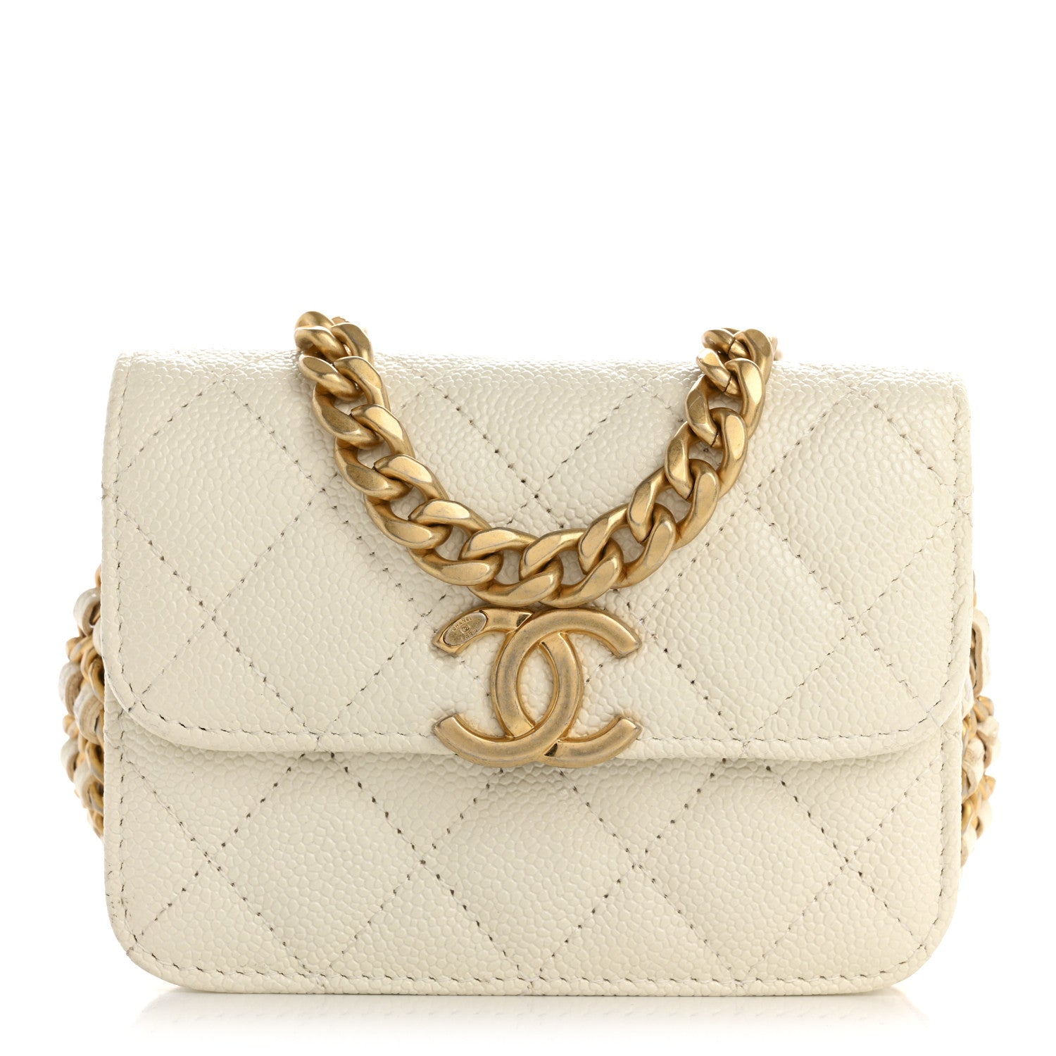 Shiny Caviar Quilted Chain Melody Card Holder On Chain White