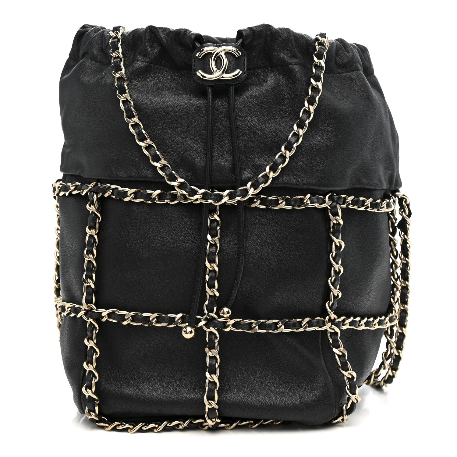 Lambskin Bucket Chain Drawstring Bag Black