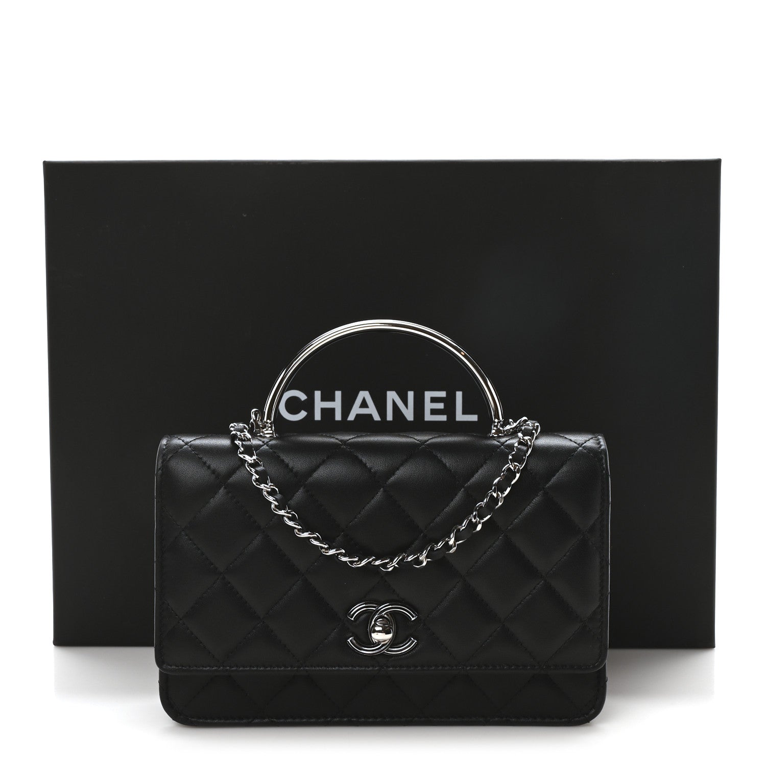 Lambskin Quilted Metal Top Handle Wallet On Chain WOC Black