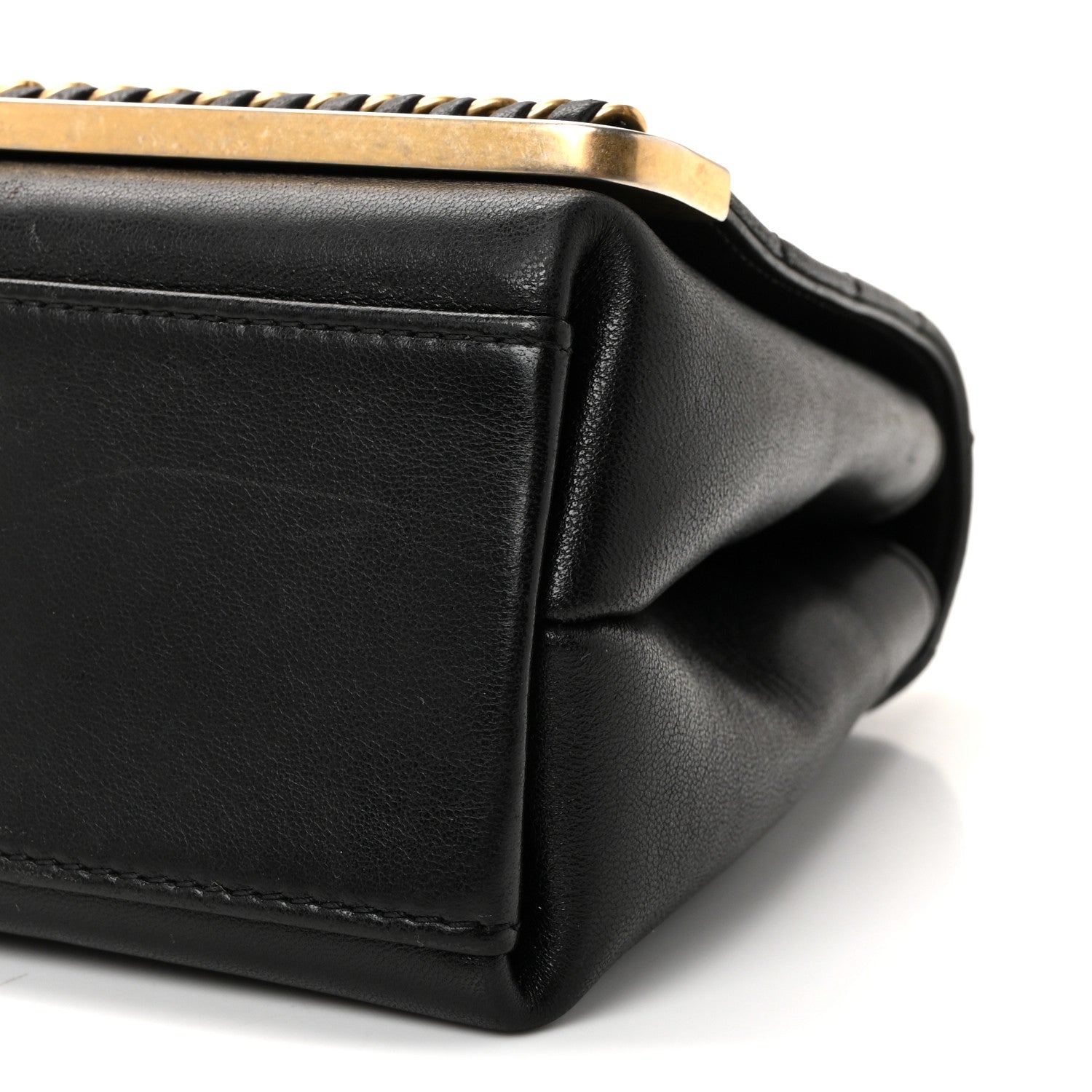 Sheepskin Chevron Stitched Chain Top Handle Flap Black