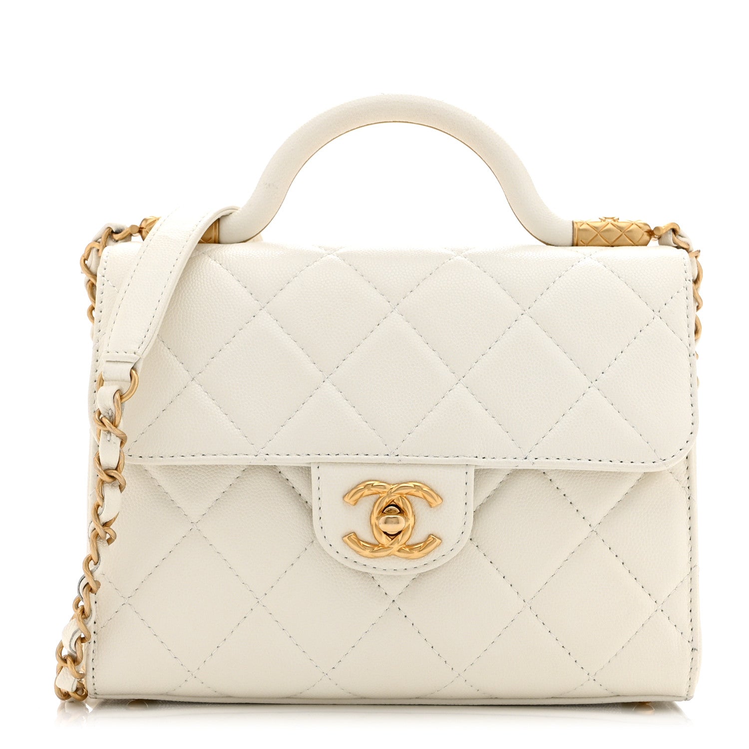 Shiny Caviar Quilted Small Top Handle Flap White