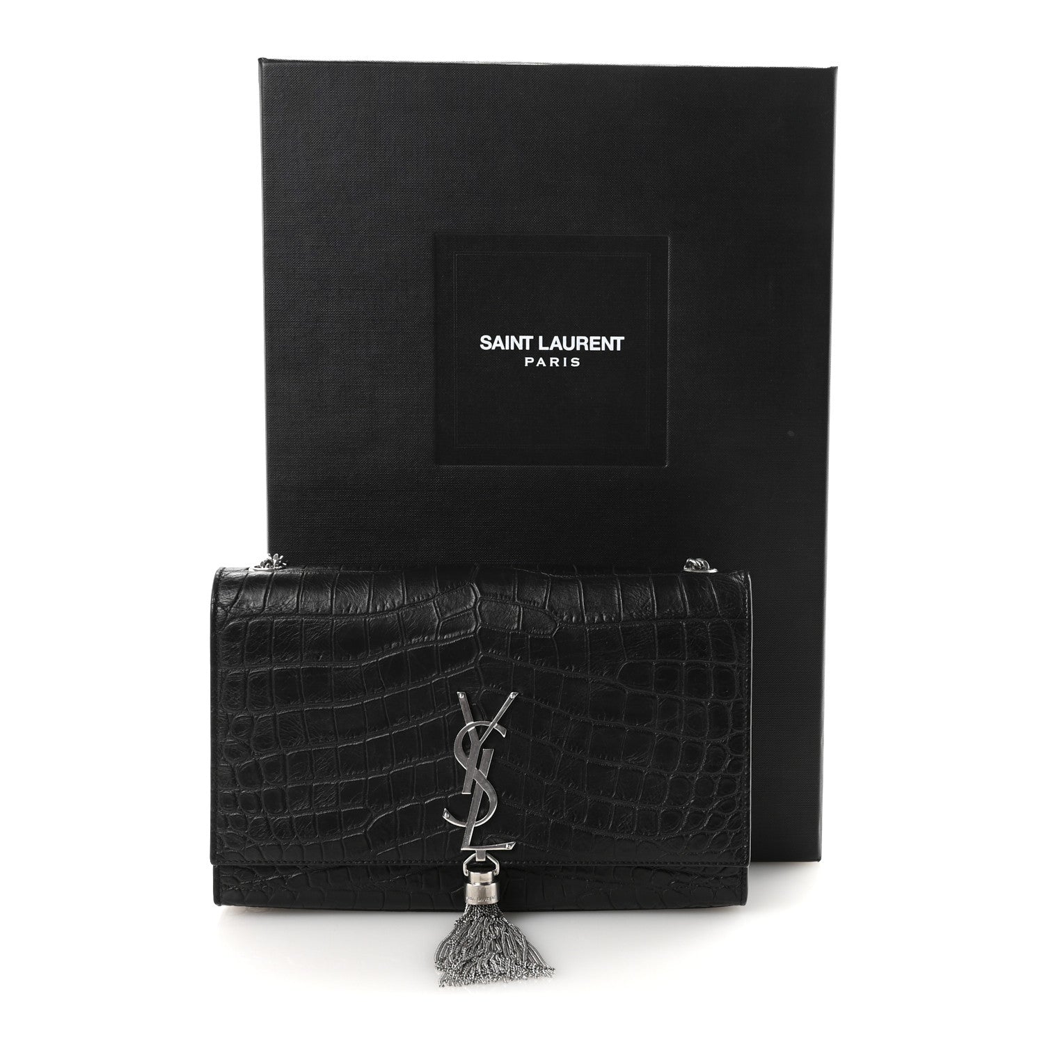 Calfskin Crocodile Embossed Medium Classic Monogram Kate Tassel Satchel Black