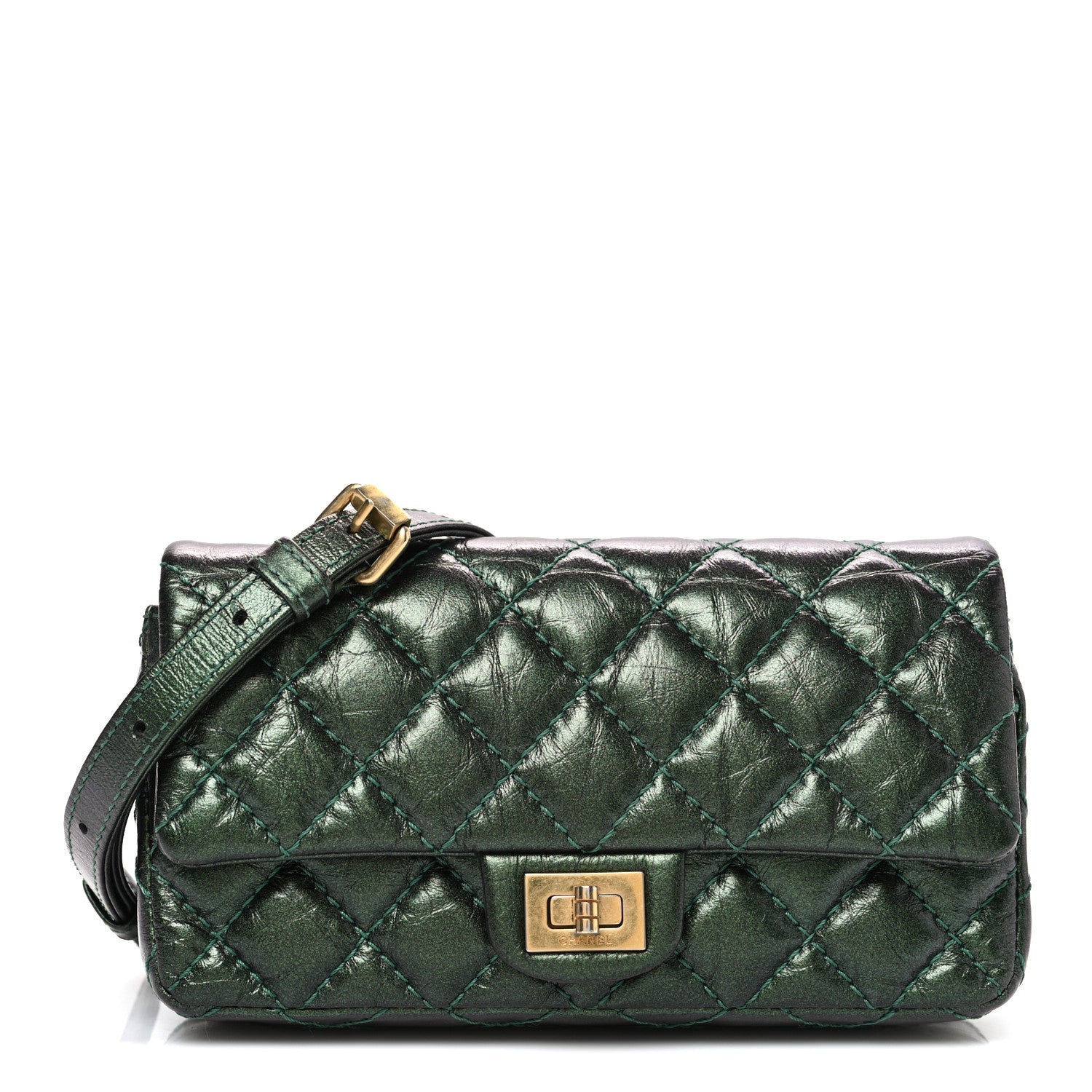 Metallic Aged Calfskin Quilted 2.55 Reissue Flap Belt Bag Clutch Green