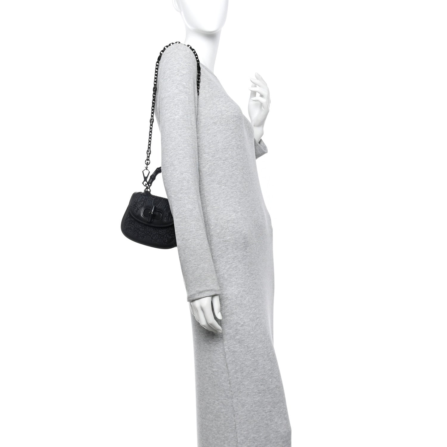 Moire Fabric Calfskin Rhinestone Monogram Monochrome Mini Bamboo 1947 Top Handle Chain Bag Black