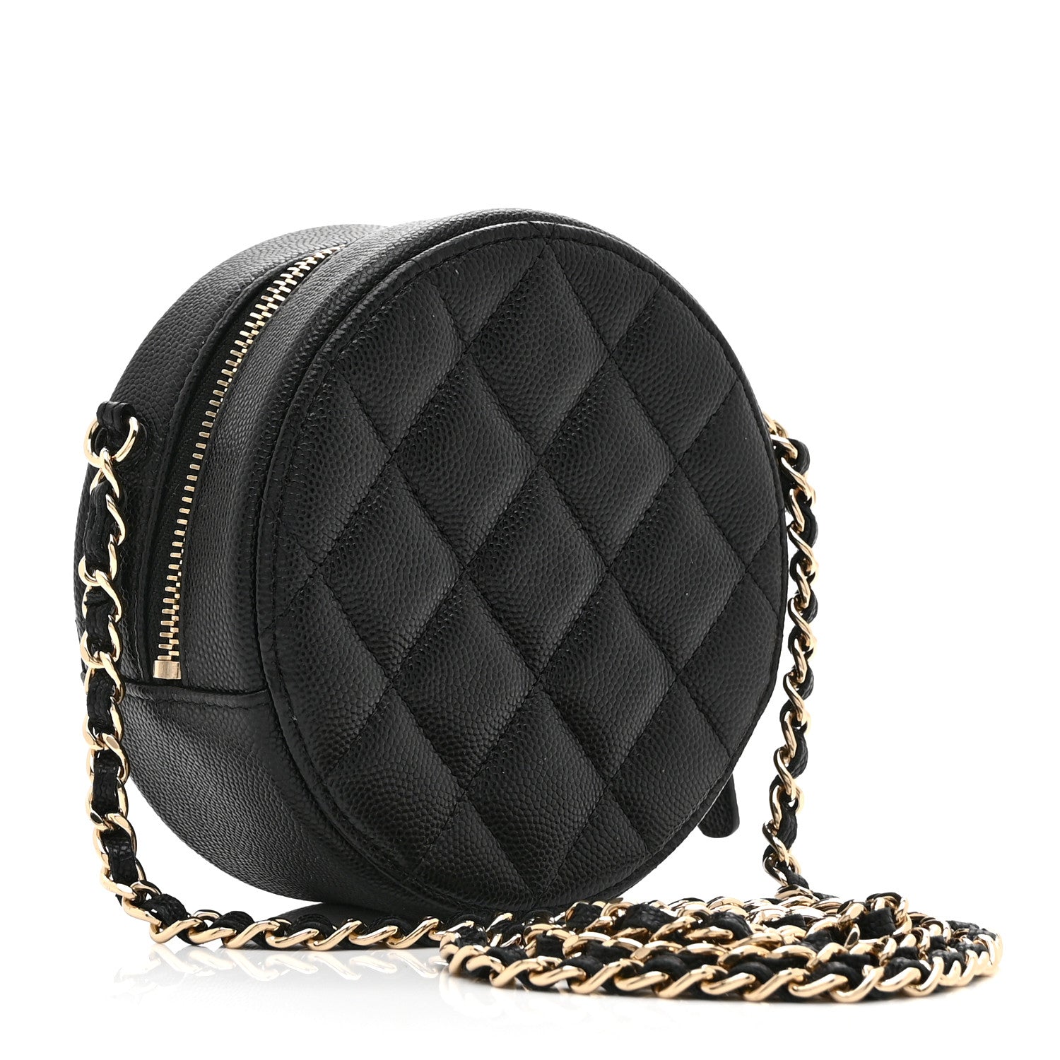 Caviar Quilted Round Clutch With Chain Black