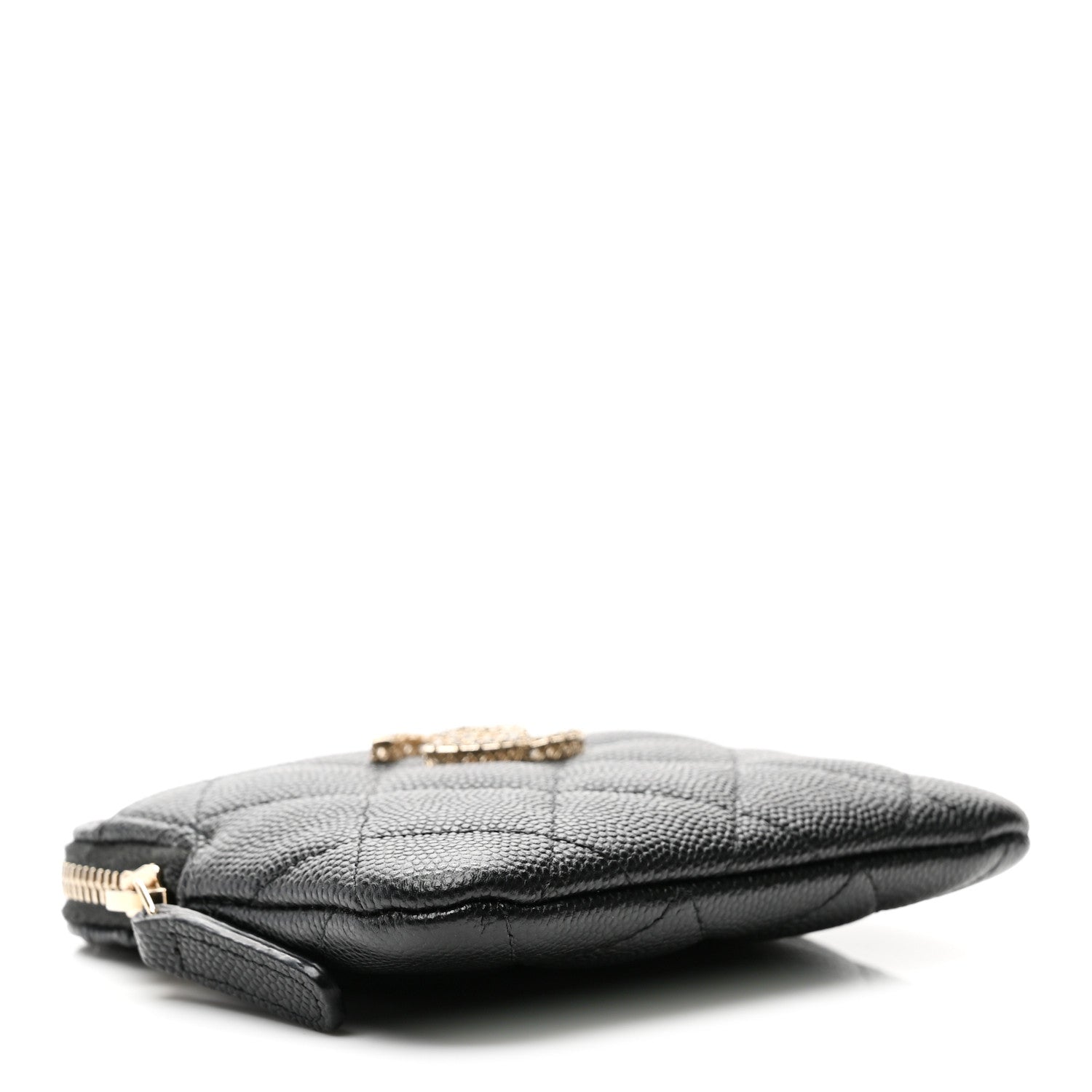 Caviar Quilted Crystal Zip Card Holder Wallet Black