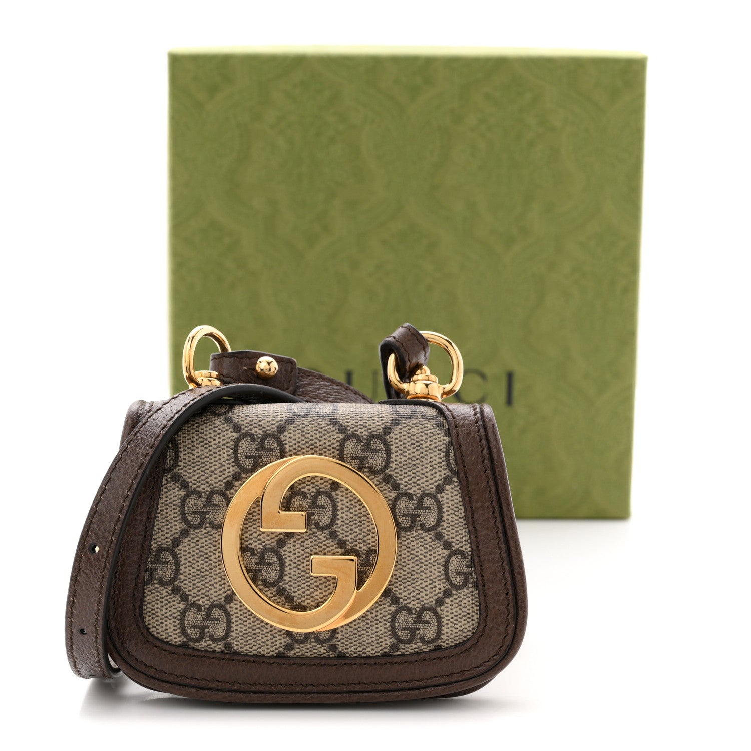 GG Supreme Monogram Textured Dollar Calfskin Blondie Card Case Wallet with Strap Beige Ebony New Acero