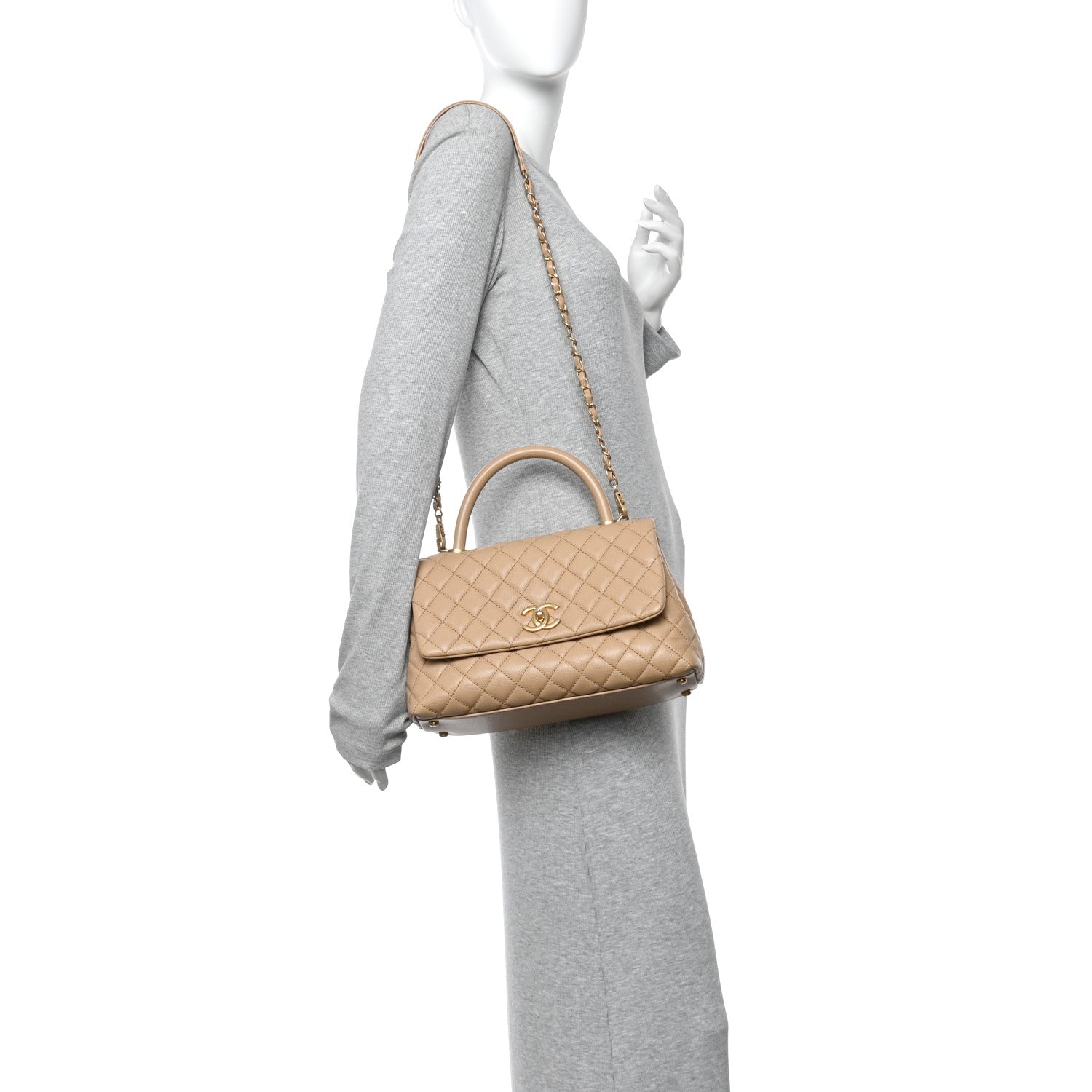 Caviar Quilted Small Coco Handle Flap Beige