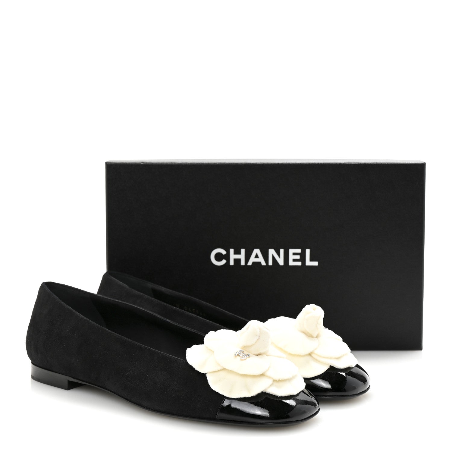 Suede Patent Cap Toe Camellia Ballerina Flats 39.5 Black White