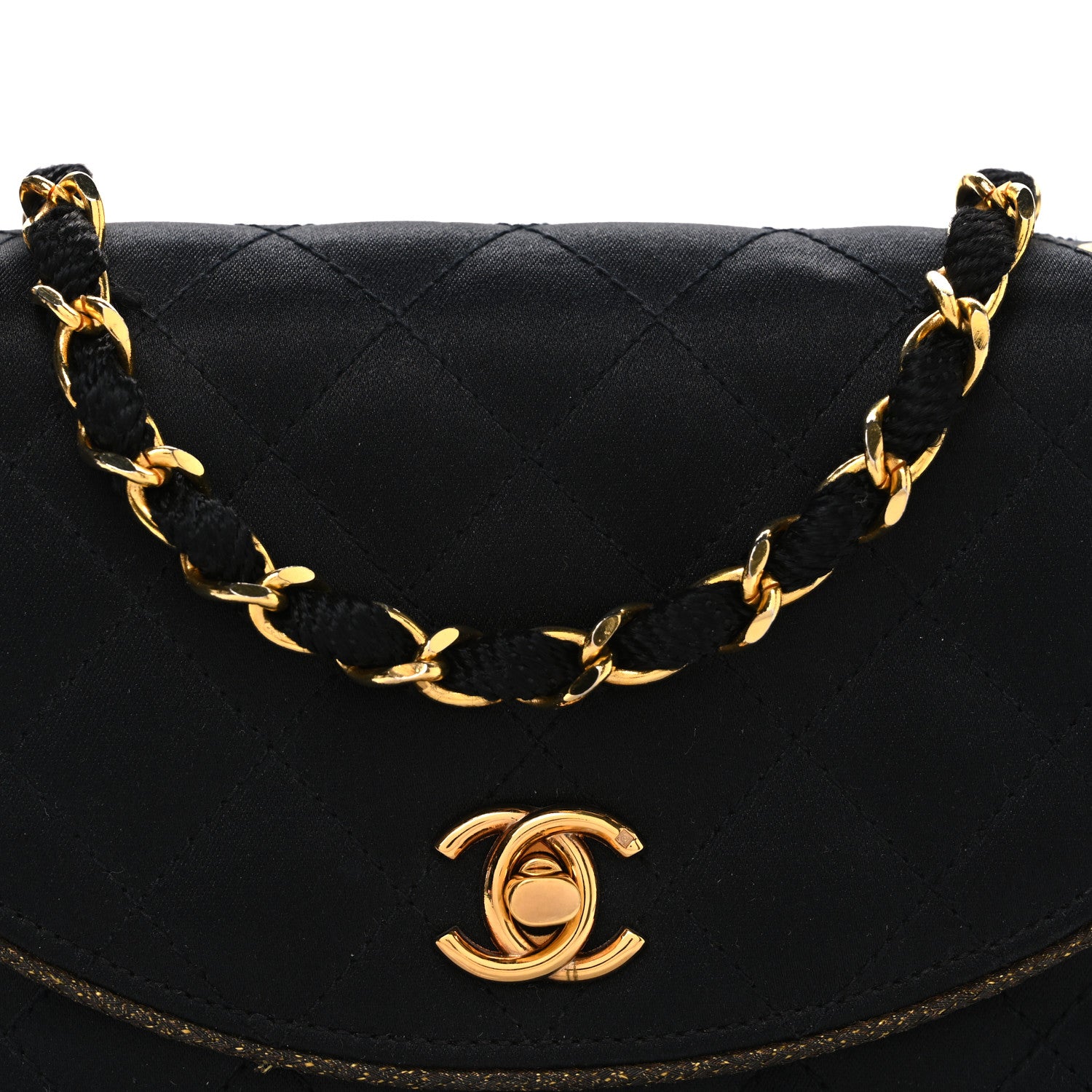 Satin Quilted Flap Shoulder Bag Black Gold