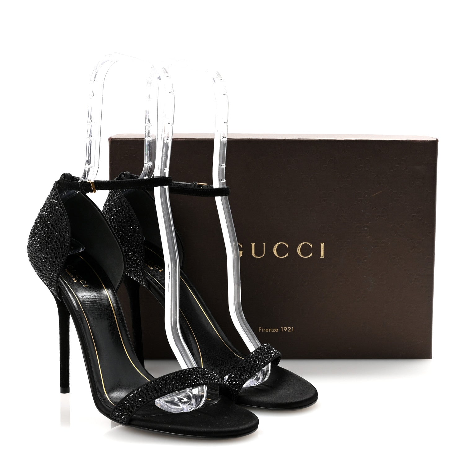Suede Satin Crystal Ankle Strap High Heel Sandals 39.5 Black
