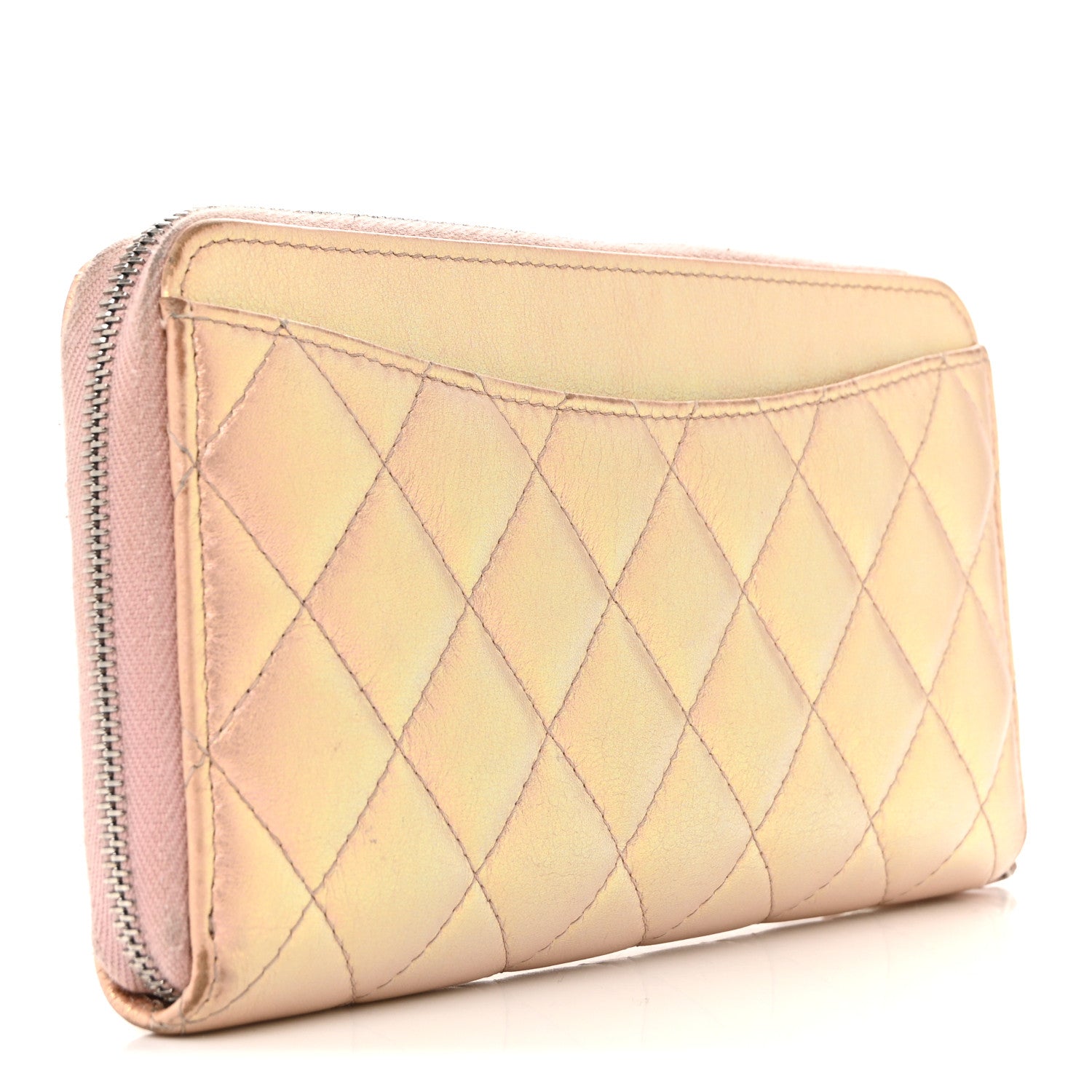 Iridescent Lambskin Quilted Large Gusset Zip Around Wallet Pink