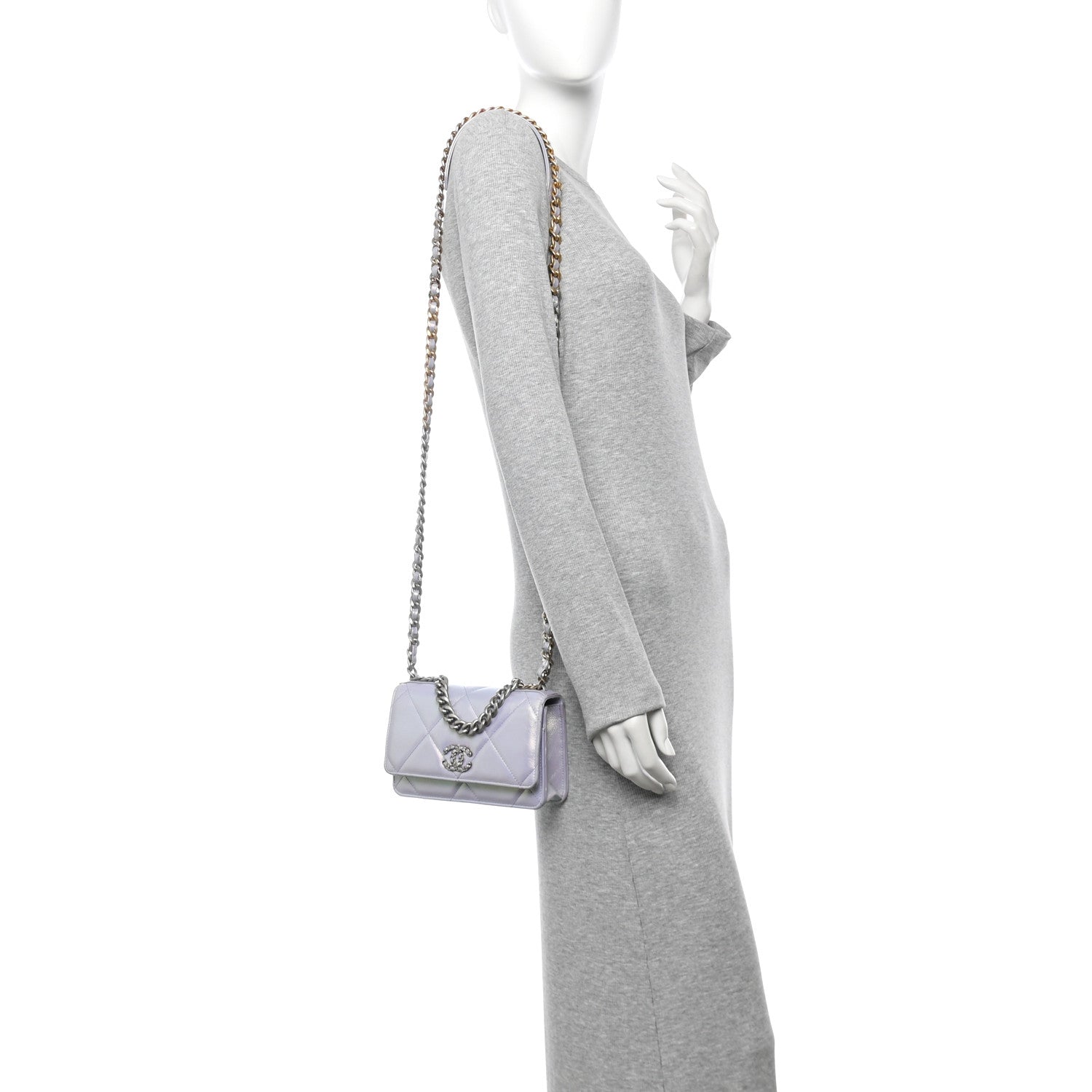 Iridescent Calfskin Quilted Chanel 19 Wallet On Chain WOC Light Purple