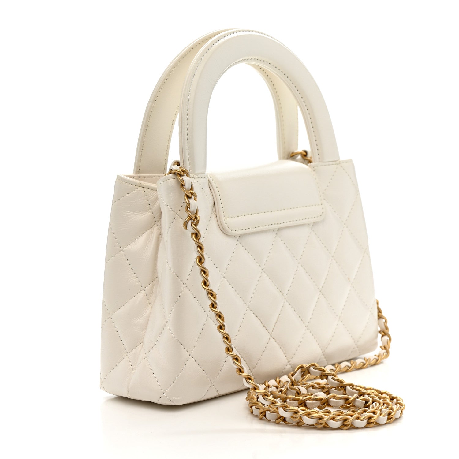 Shiny Aged Calfskin Quilted Nano Kelly Shopper White